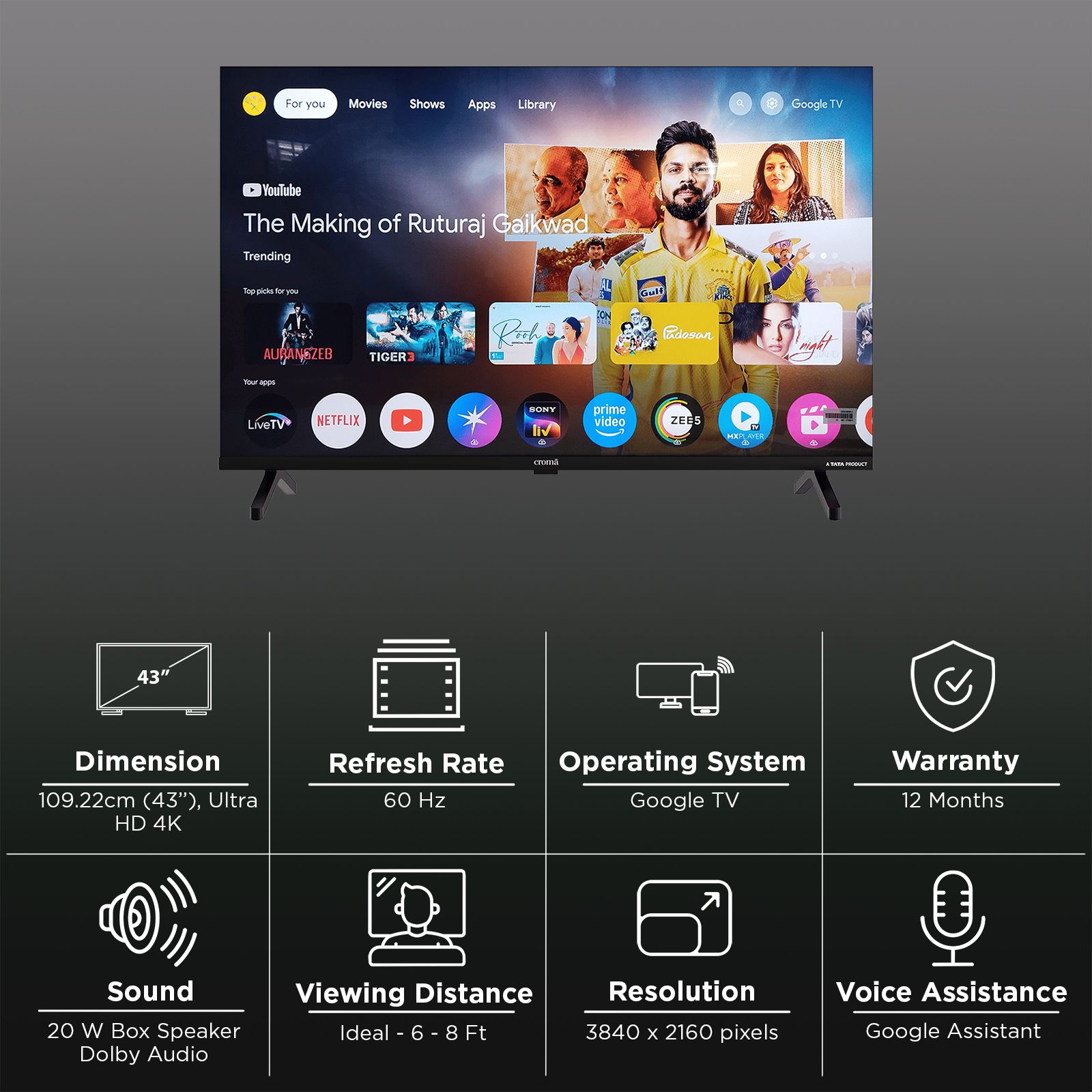 Croma 109 cm (43 inch) 4K Ultra HD LED Google TV with Dolby Audio Croma 109 cm (43 inch) 4K Ultra HD LED Google TV with Dolby Audio_3