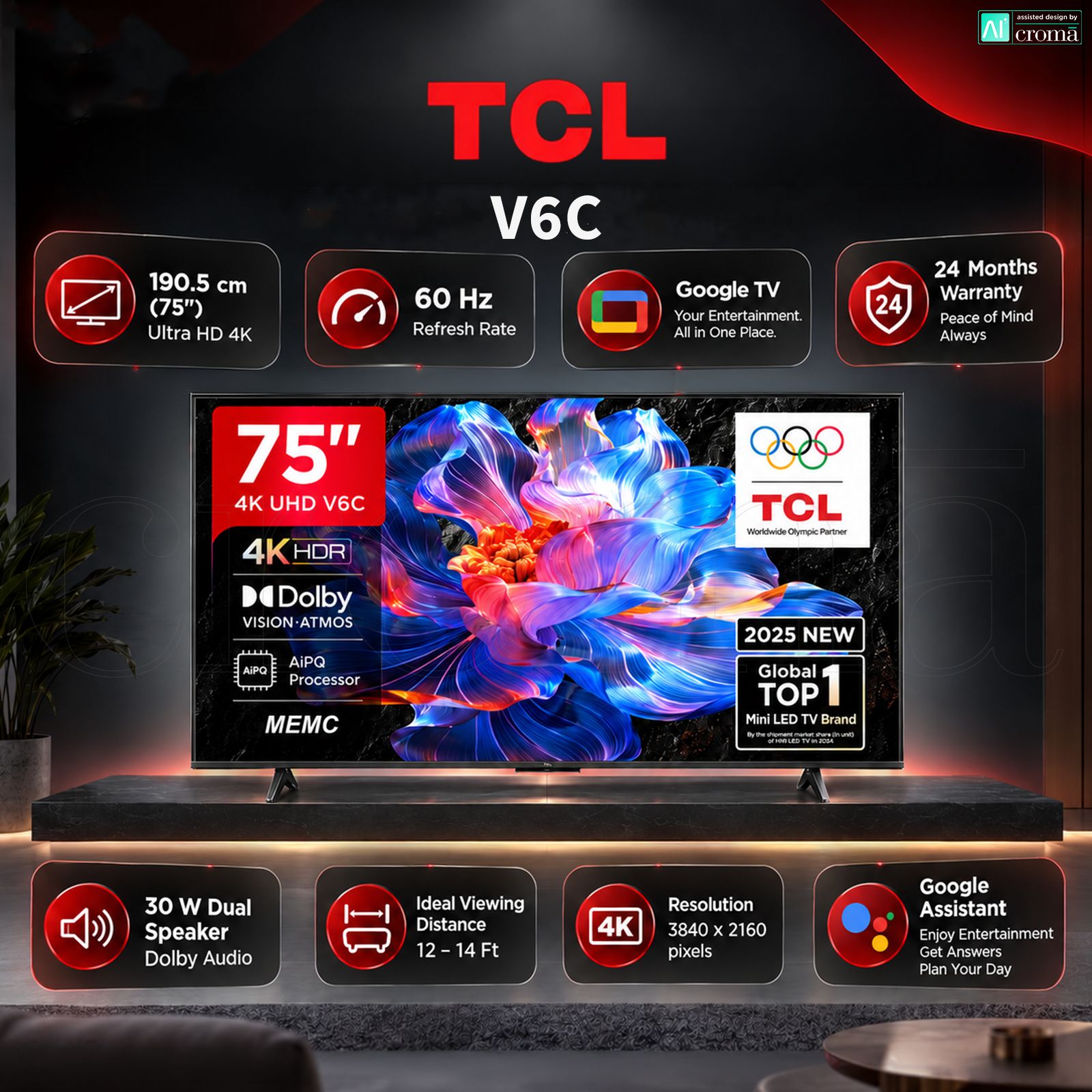 TCL V6C 190 cm (75 inch) 4 Star 4K Ultra HD LED Smart Google TV with Google Voice Assistant (2025 model) TCL V6C 190 cm (75 inch) 4 Star 4K Ultra HD LED Smart Google TV with Google Voice Assistant (2025 model)_3