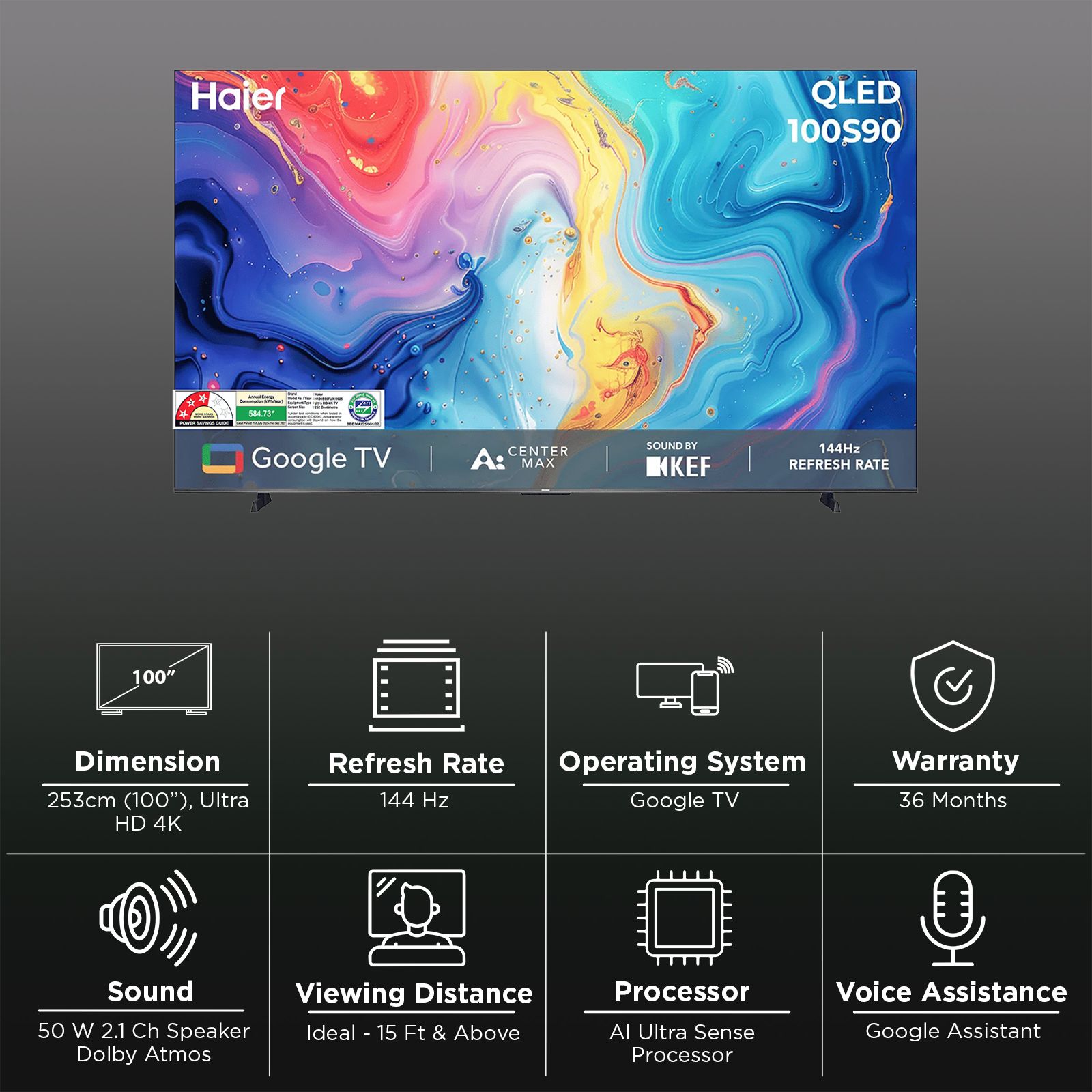 Haier S90 253 cm (100 inch) QLED 4K Ultra HD Smart Google TV with Google Assistant (2025 model) Haier S90 253 cm (100 inch) QLED 4K Ultra HD Smart Google TV with Google Assistant (2025 model)_3