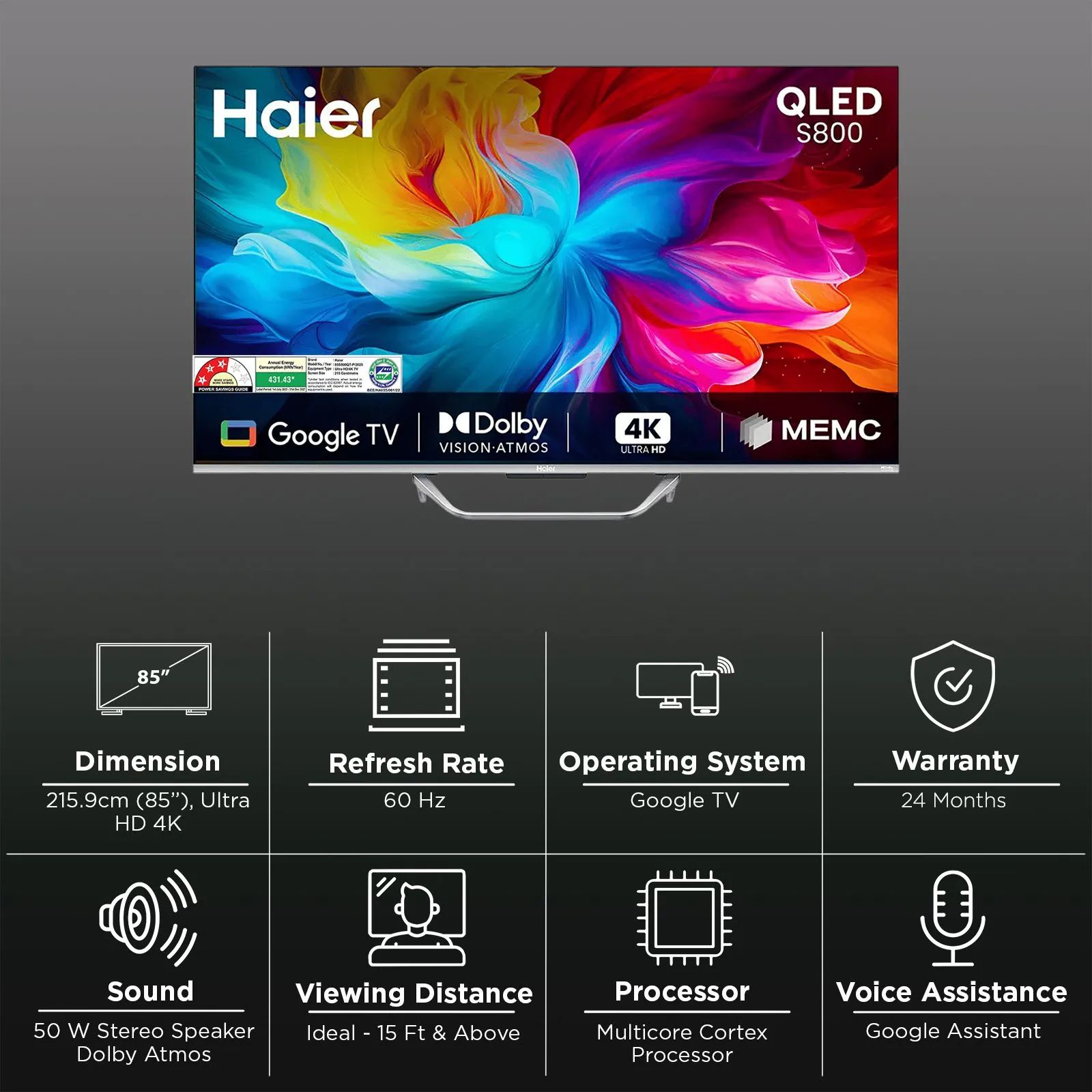 Haier S800 215 cm (85 inch) QLED 4K Ultra HD Smart Google TV with Google Assistant (2025 model) Haier S800 215 cm (85 inch) QLED 4K Ultra HD Smart Google TV with Google Assistant (2025 model)_3