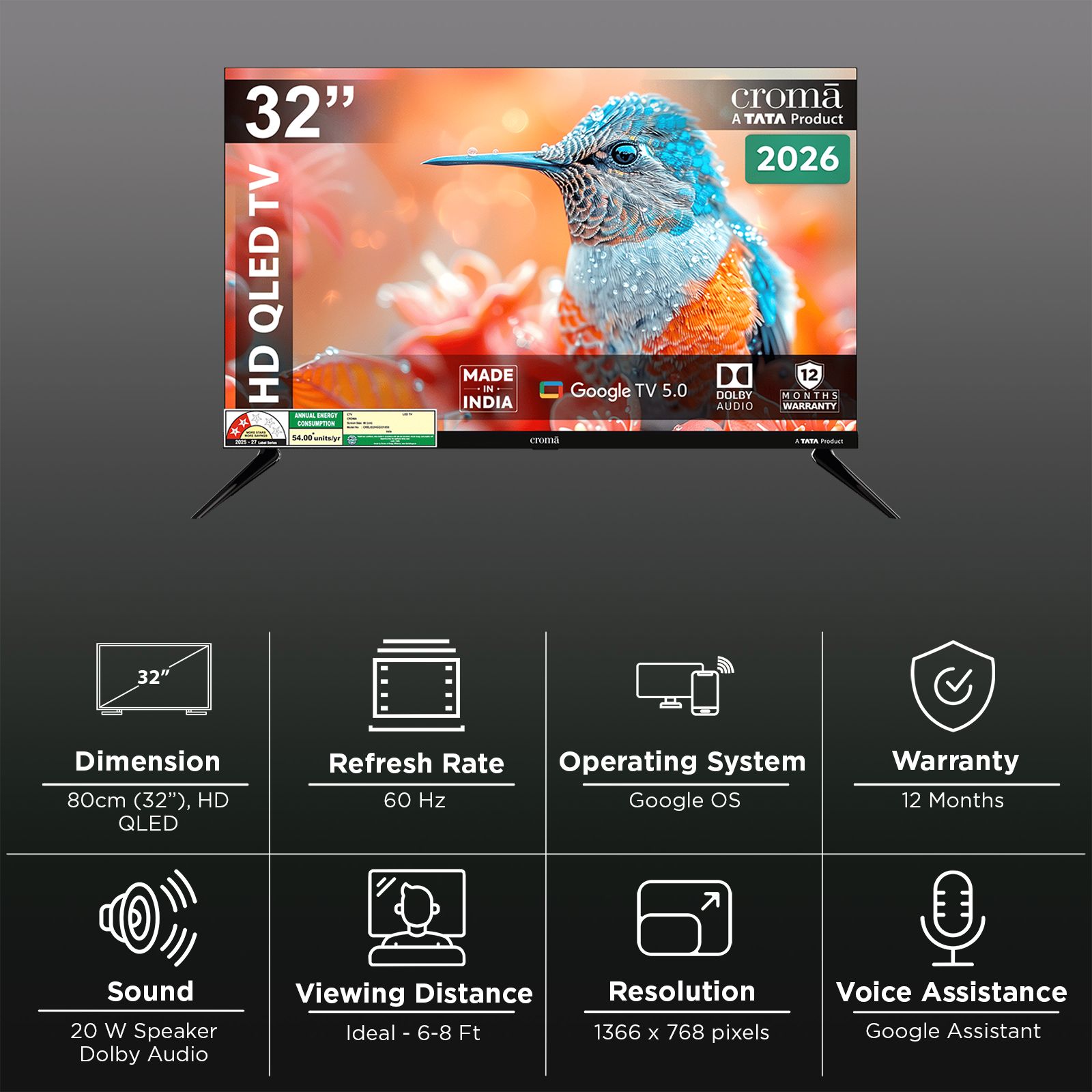 Croma 80 cm (32 inch) 2 Star HD QLED Smart Google TV 5.0 with Quad Core Processor (2026 model)_3