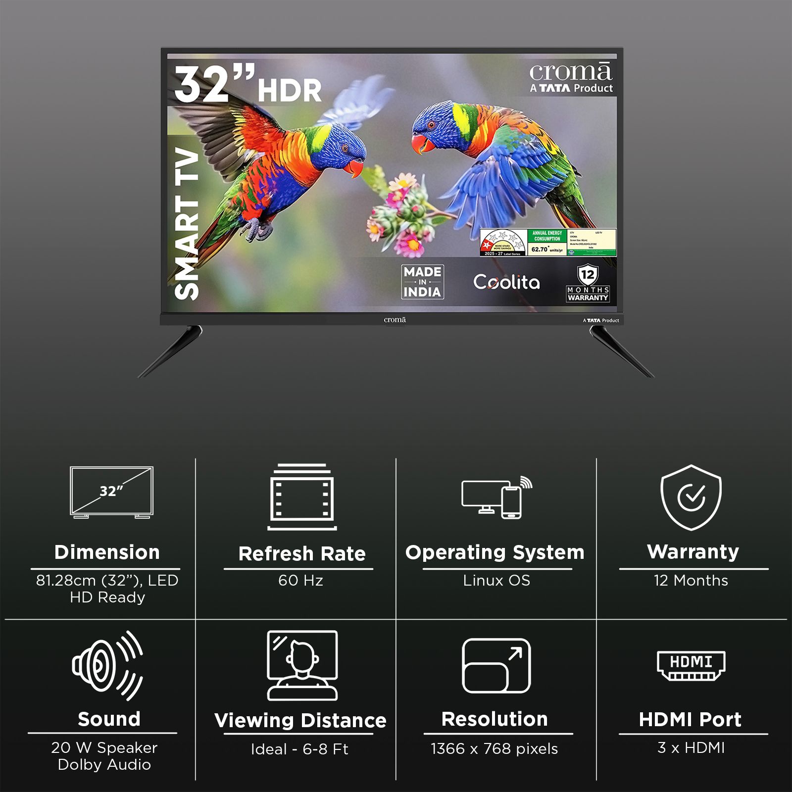 Croma 81.28 cm (32 inch) 1 Star LED HD Ready Smart Linux TV with A+ Grade Panel (2026 Model) Croma 81.28 cm (32 inch) 1 Star LED HD Ready Smart Linux TV with A+ Grade Panel (2026 Model)_3