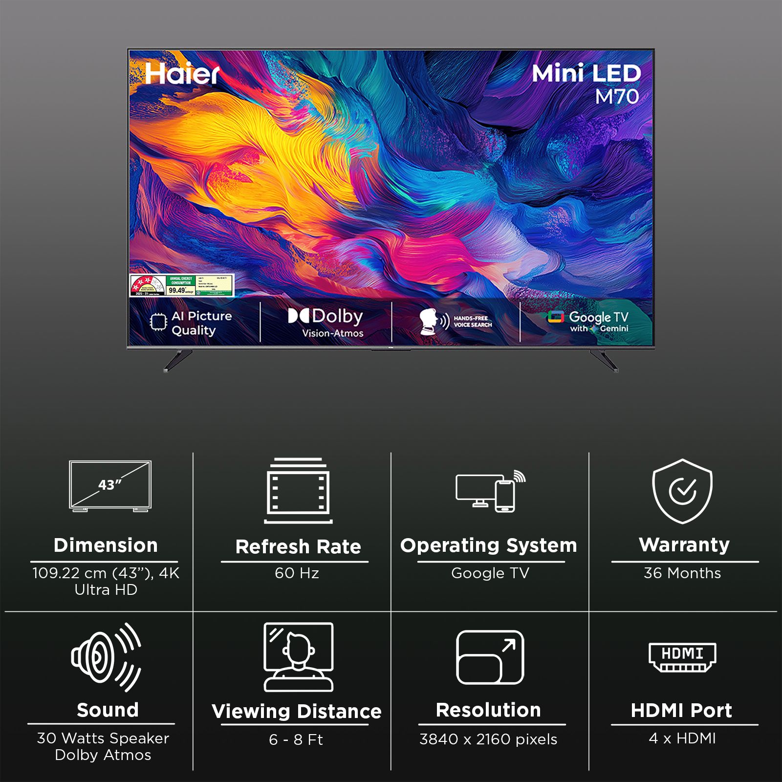 Haier UH 109.22 cm (43 inch) 3 Star Mini LED 4K Ultra HD Smart Google TV with Google Voice Assistant (2026 model) Haier UH 109.22 cm (43 inch) 3 Star Mini LED 4K Ultra HD Smart Google TV with Google Voice Assistant (2026 model)_3