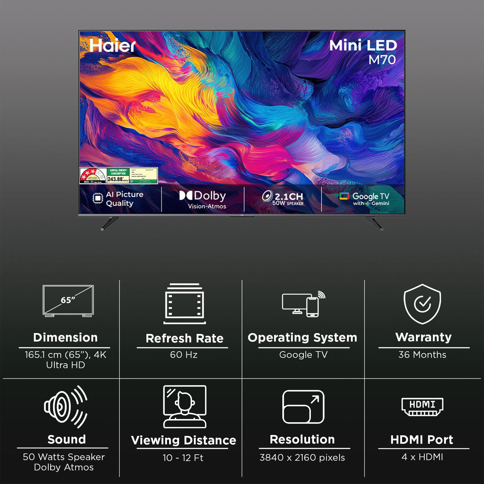 Haier UH 165.1 cm (65 inch) 3 Star Mini LED 4K Ultra HD Smart Google TV with Google Voice Assistant (2026 model) Haier UH 165.1 cm (65 inch) 3 Star Mini LED 4K Ultra HD Smart Google TV with Google Voice Assistant (2026 model)_3