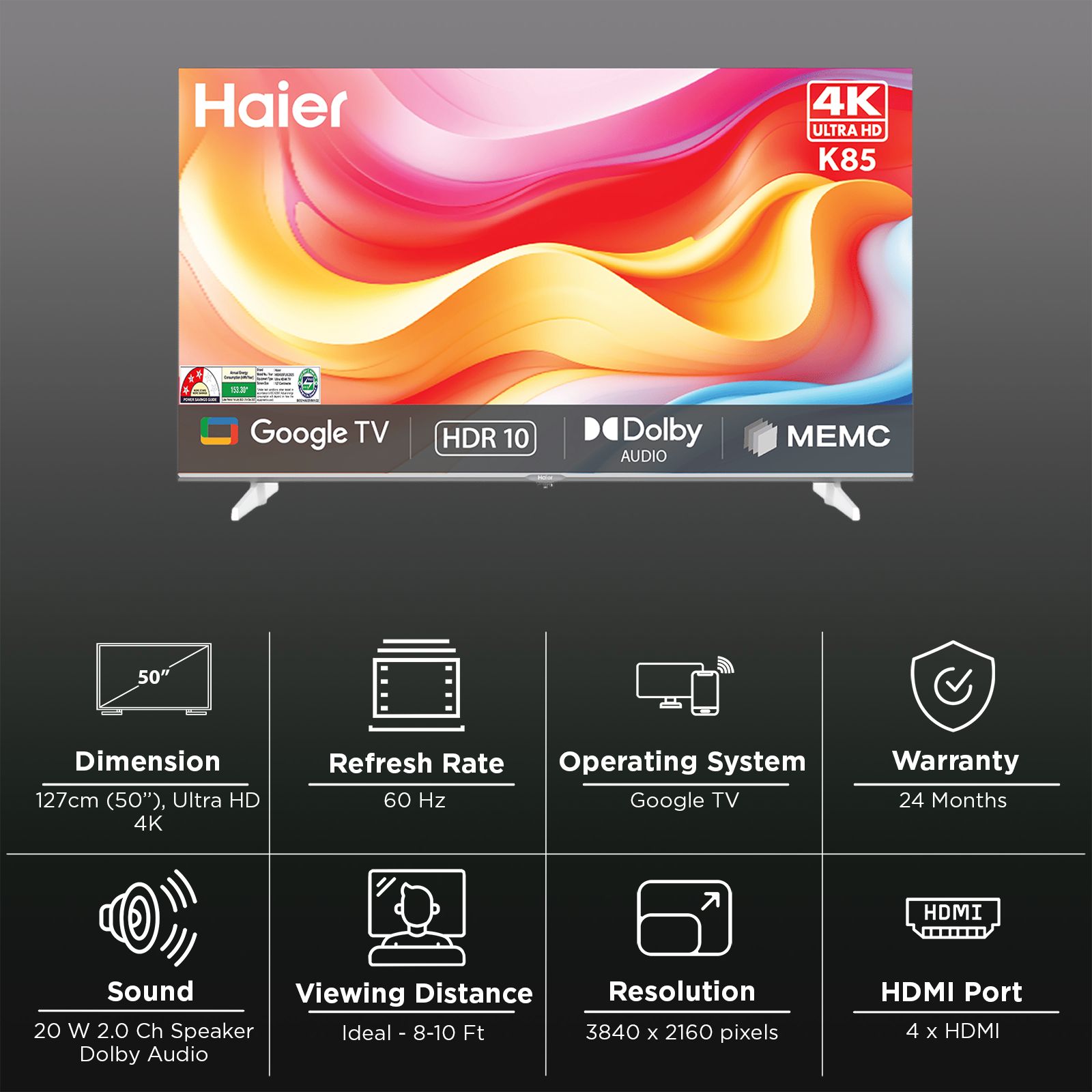 Haier K85F 127 cm (50 inch) 3 Star 4K Ultra HD LED Smart Google TV with Google Voice Assistant (2025 model) Haier K85F 127 cm (50 inch) 3 Star 4K Ultra HD LED Smart Google TV with Google Voice Assistant (2025 model)_3