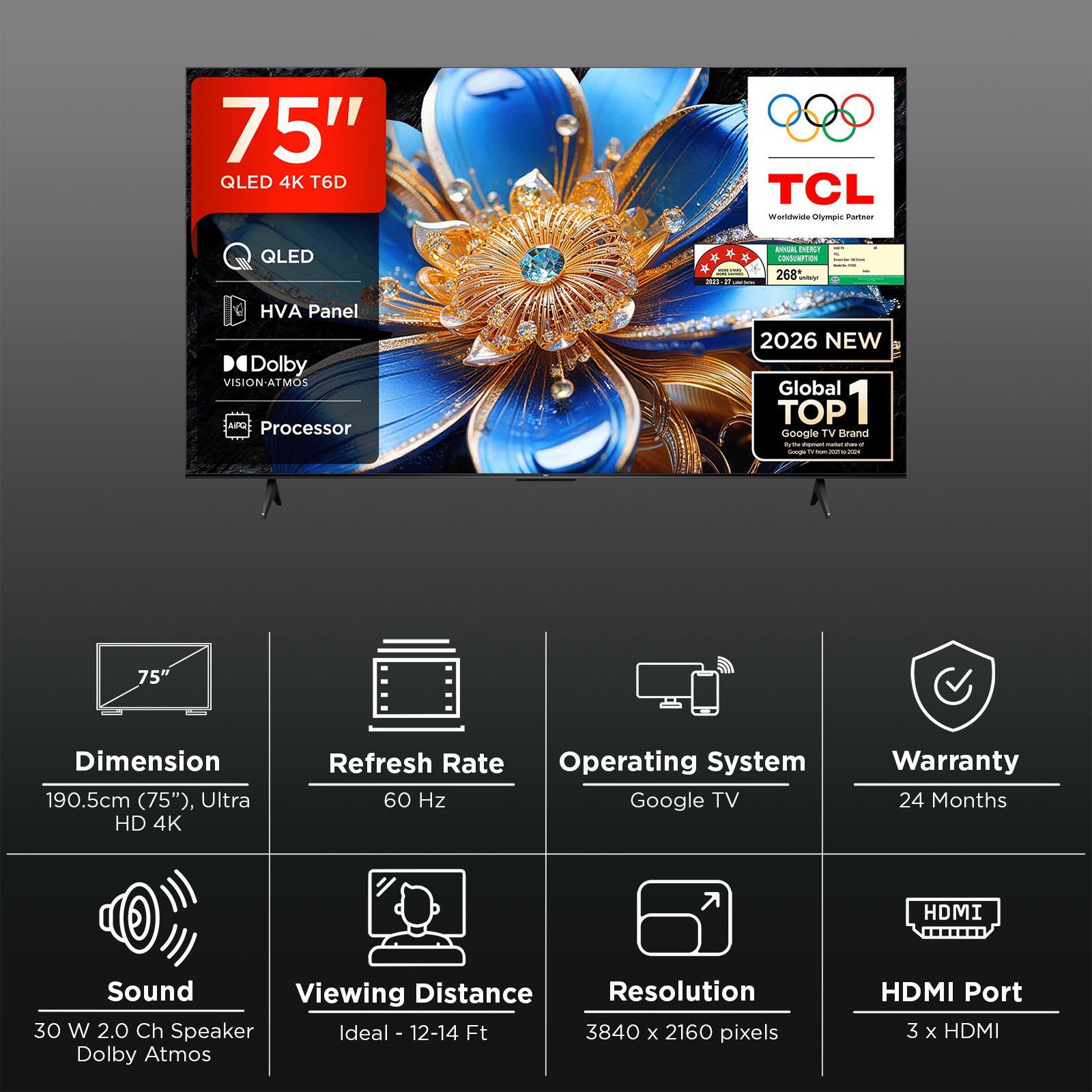 TCL T series 190.5 cm (75 inch) 4 Star QLED 4K Super Ultra HD Smart Google TV with Google Voice Assistant (2026)_3