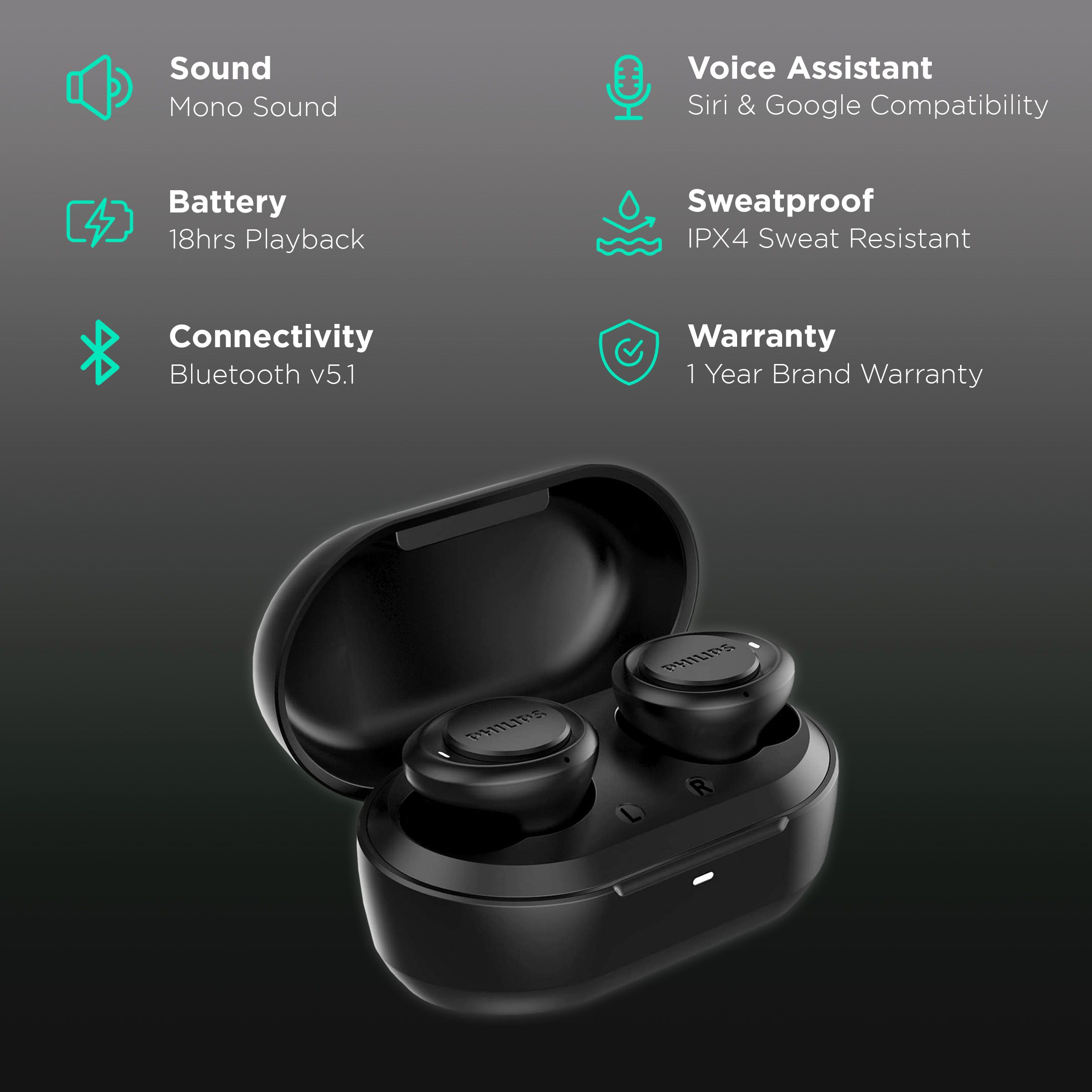 PHILIPS TAT1215 TWS Earbuds (IPX4 Splash & Sweat Resistant, Upto 18 Hours Playback, Black) PHILIPS TAT1215 TWS Earbuds (IPX4 Splash & Sweat Resistant, Upto 18 Hours Playback, Black)_2