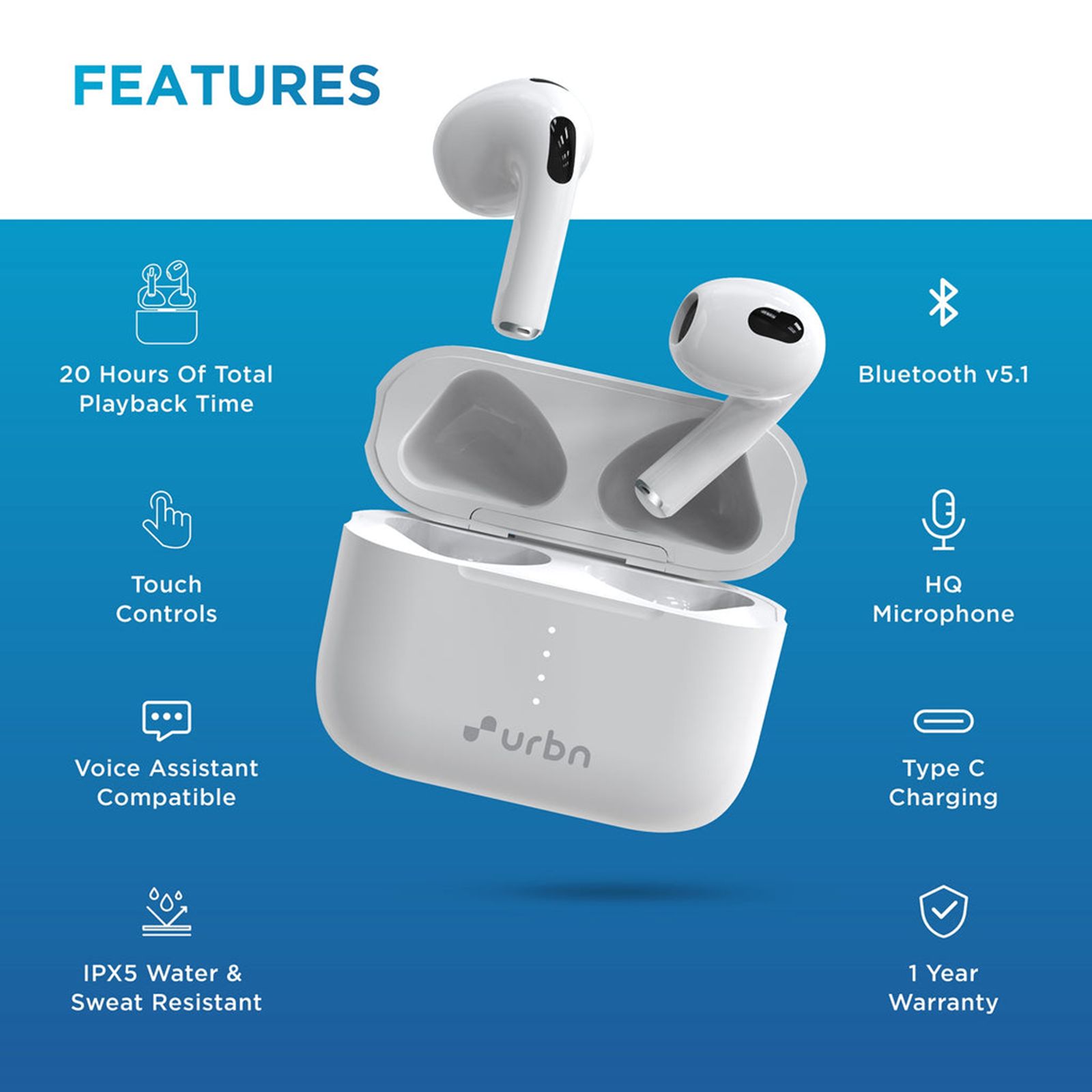 urbn Beat 600 TWS Earbuds with Noise Isolation (IPX5 Water & Sweat Resistant, Upto 20 Hours Playback, White)_9