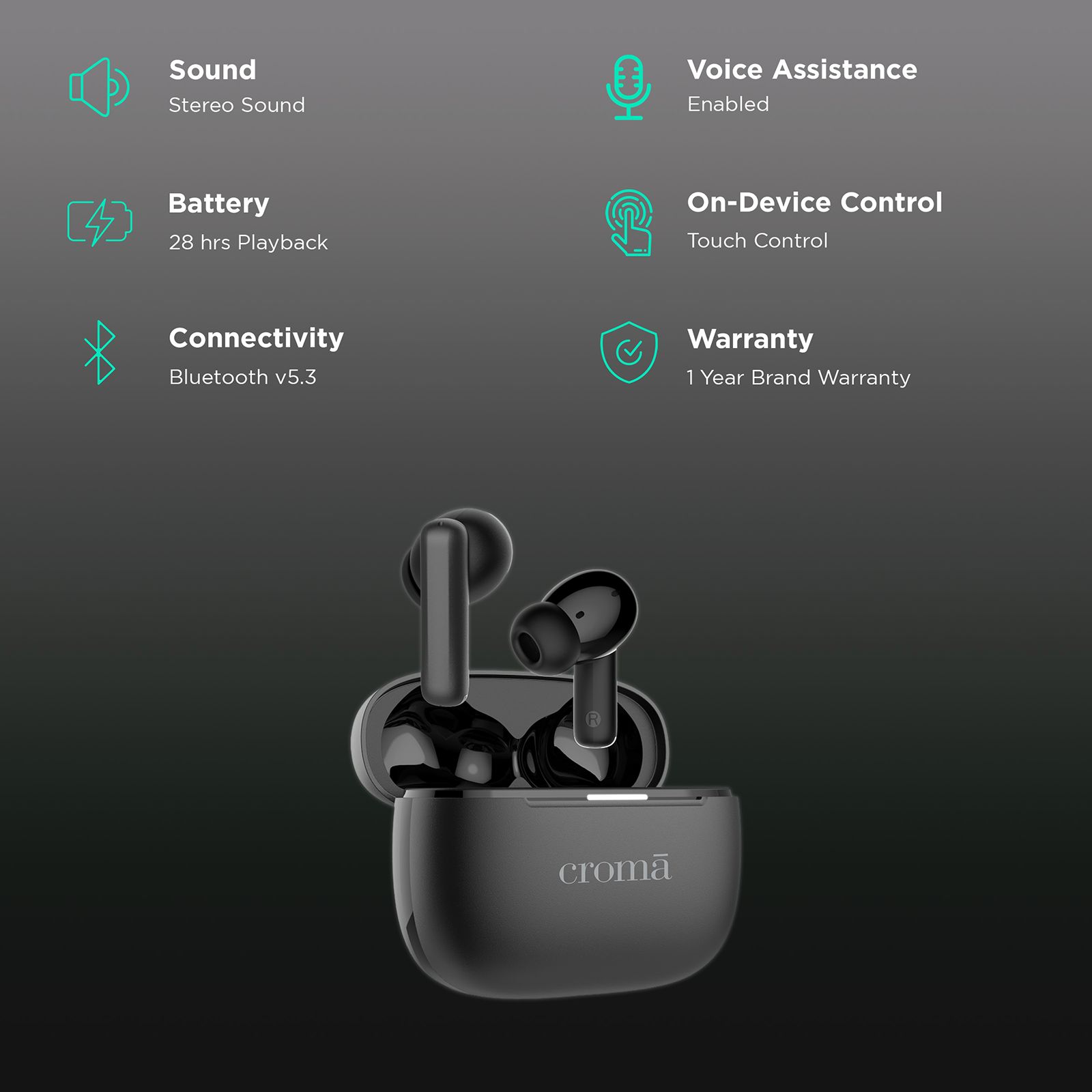 Croma TWS Earbuds with Active Noise Cancellation (IPX5 Water Resistant, Fast Charging, Black) Croma TWS Earbuds with Active Noise Cancellation (IPX5 Water Resistant, Fast Charging, Black)_2