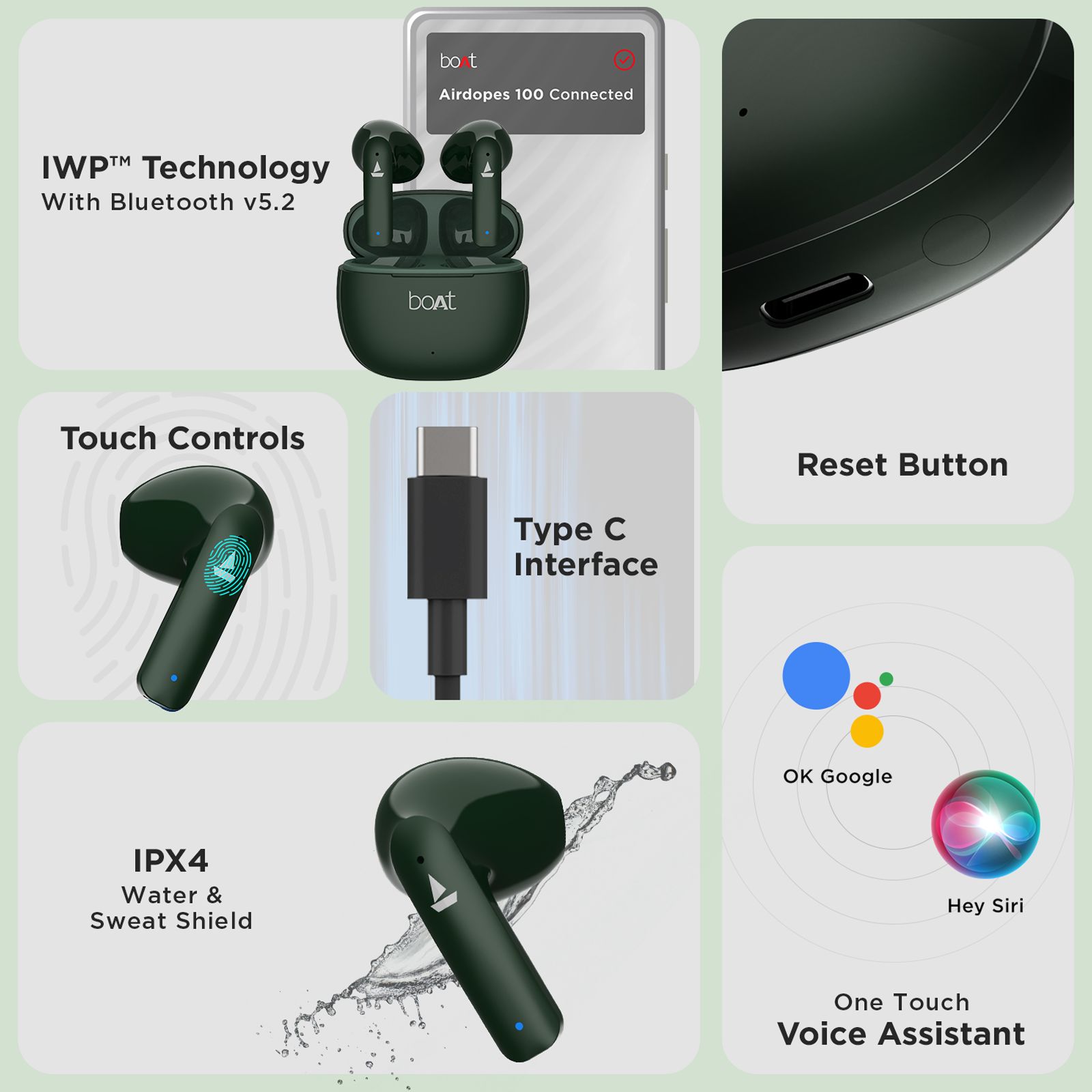 boAt Airdopes 100 TWS Earbuds (IPX4 Water Resistant, ASAP Charge, Emerald Green) boAt Airdopes 100 TWS Earbuds (IPX4 Water Resistant, ASAP Charge, Emerald Green)_3