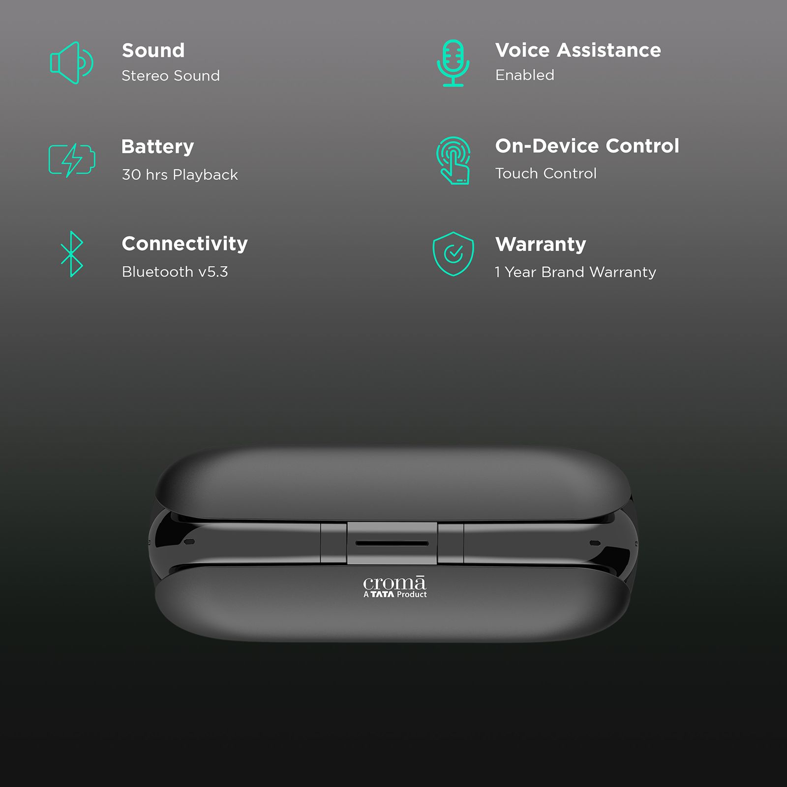 Croma Sliding TWS Earbuds with Passive Noise Cancellation (IPX4 Waterproof, 30 Hours Playback Time, Black)_2