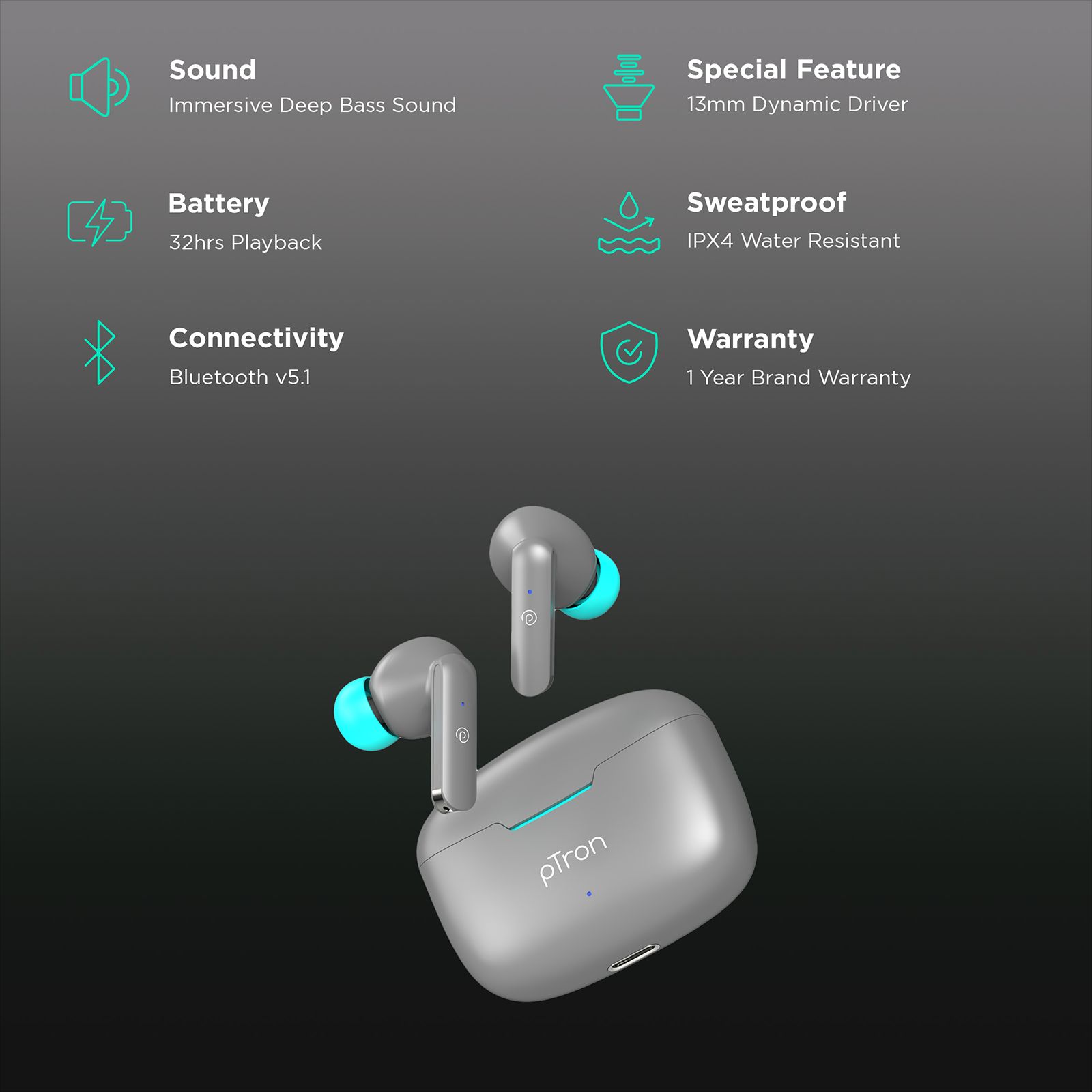 pTron Bassbuds Air TWS Earbuds with Passive Noise Cancellation (IPX4 Water Resistant, Touch Control, Grey) pTron Bassbuds Air TWS Earbuds with Passive Noise Cancellation (IPX4 Water Resistant, Touch Control, Grey)_2