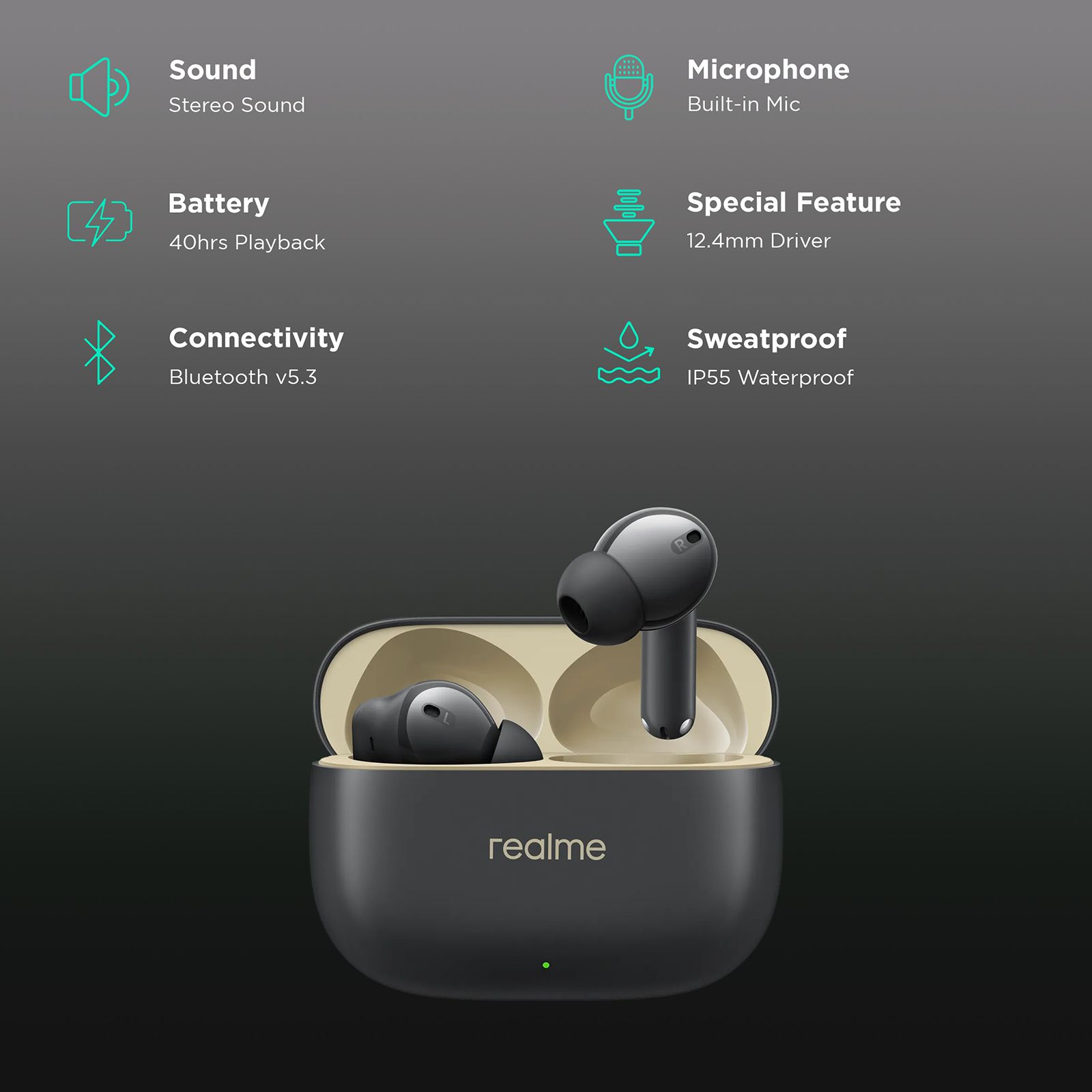 realme Buds T300 TWS Earbuds with Active Noise Cancellation (IP55 Water Resistant, 40 Hours Playback, Stylish Black) realme Buds T300 TWS Earbuds with Active Noise Cancellation (IP55 Water Resistant, 40 Hours Playback, Stylish Black)_2