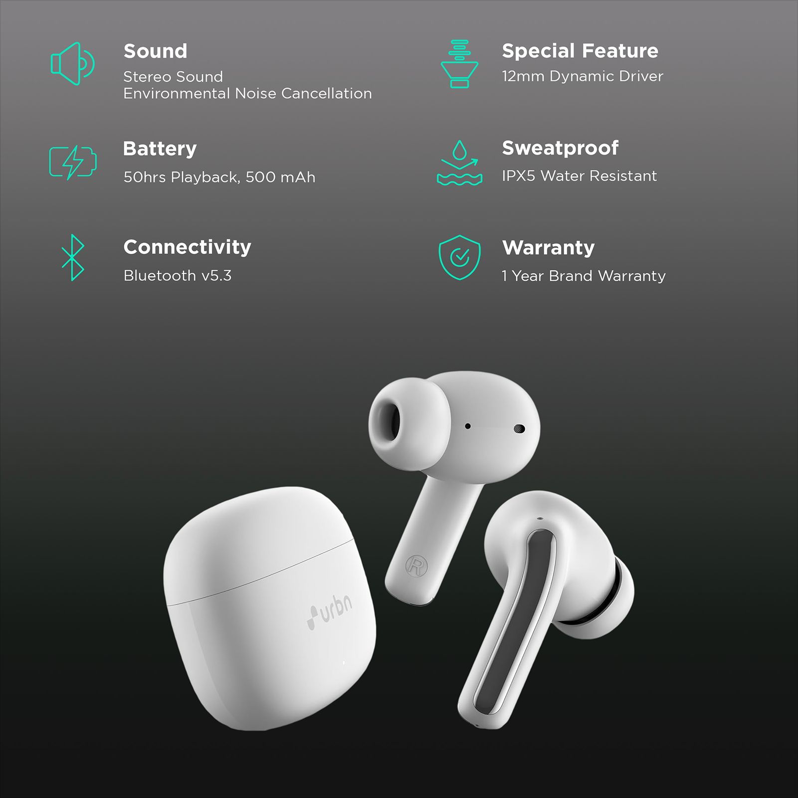 urbn Beat 650 TWS Earbuds with Environmental Noise Cancellation (IPX5 Water Resistant, Fast Charging, White) urbn Beat 650 TWS Earbuds with Environmental Noise Cancellation (IPX5 Water Resistant, Fast Charging, White)_2