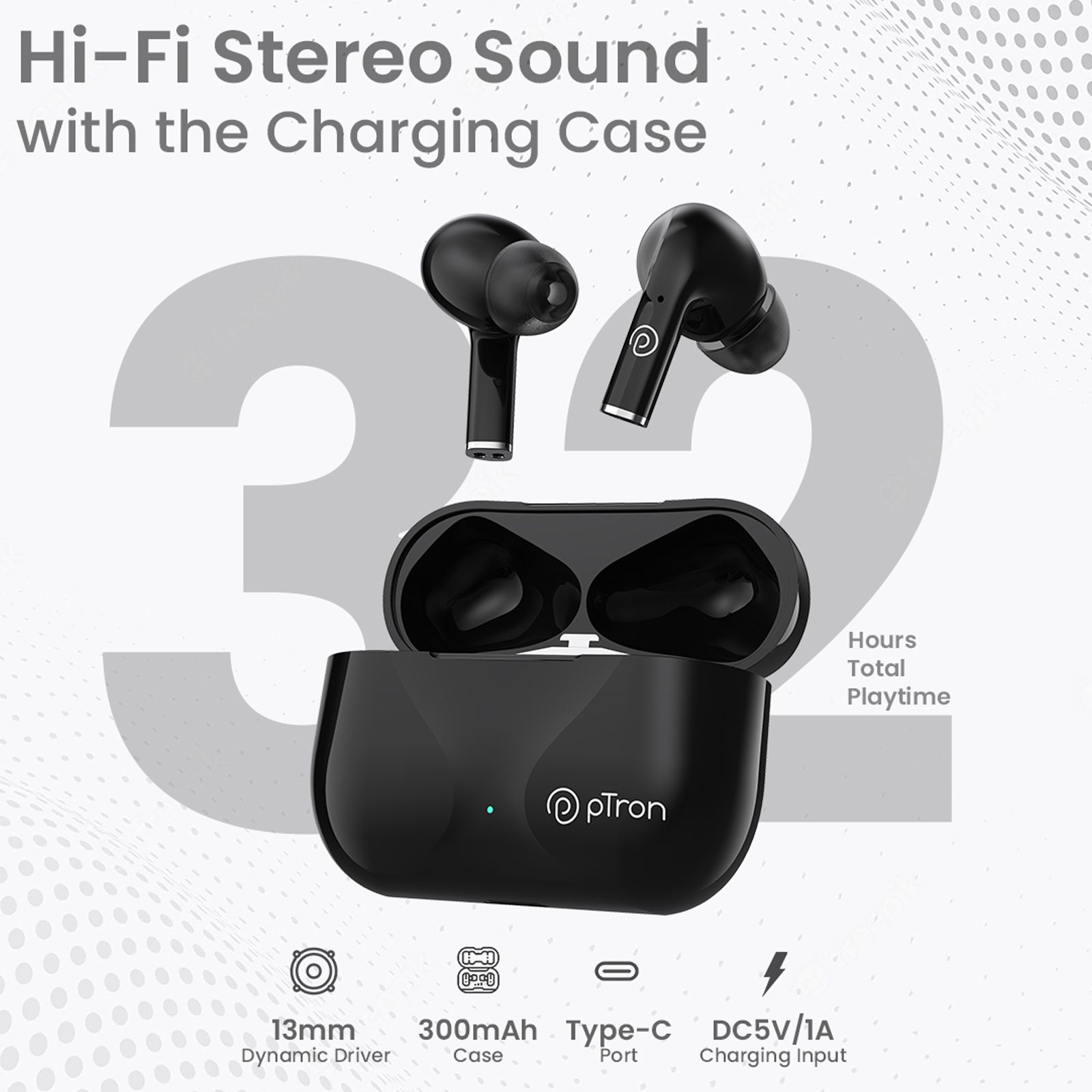 pTron Basspods P181 TWS Earbuds with Passive Noise Cancellation (IPX4 Water Resistant, 32 Hours Playtime, Black)_4