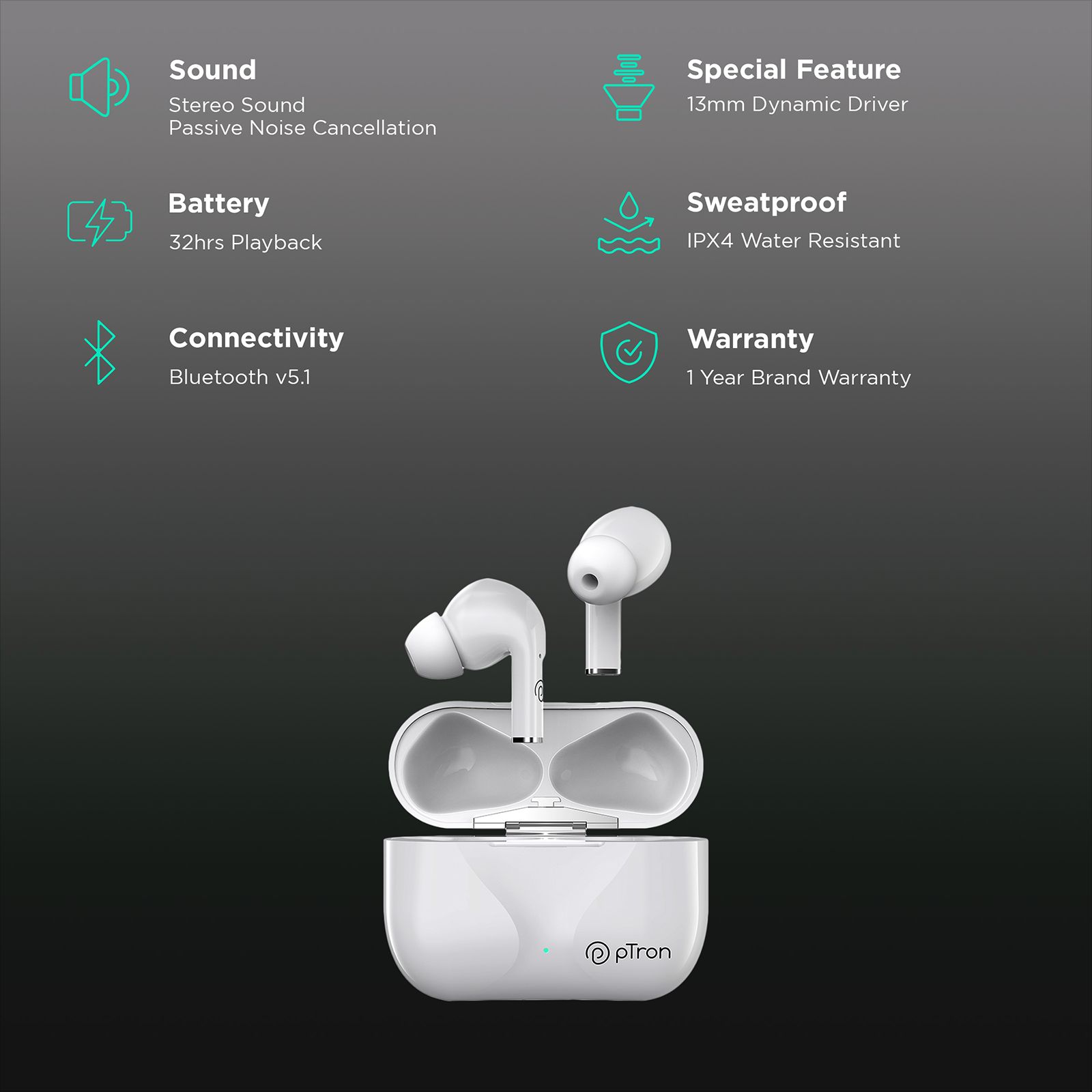 pTron Basspods P181 TWS Earbuds with Passive Noise Cancellation (IPX4 Water Resistant, 32 Hours Playtime, White)_2