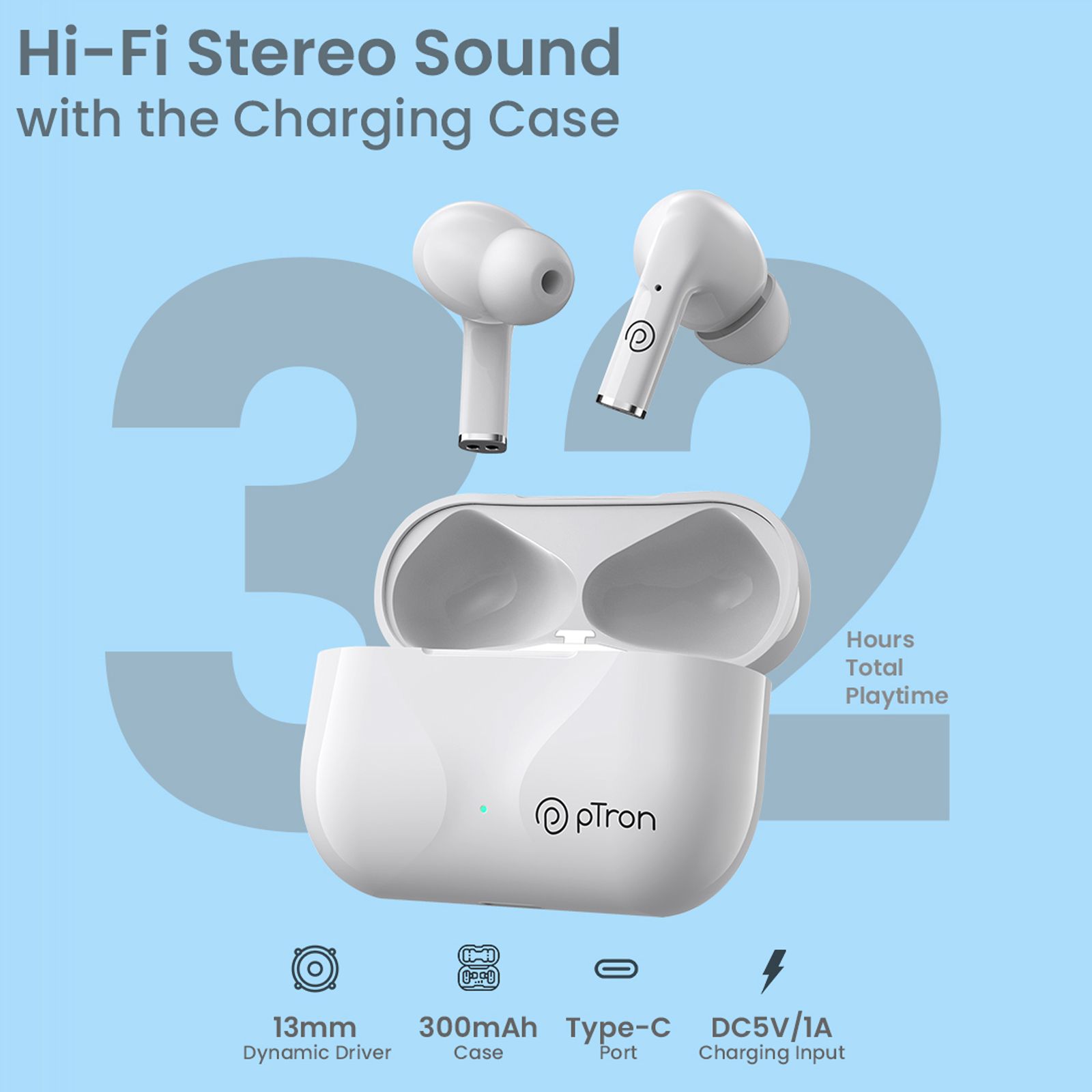 pTron Basspods P181 TWS Earbuds with Passive Noise Cancellation (IPX4 Water Resistant, 32 Hours Playtime, White)_3