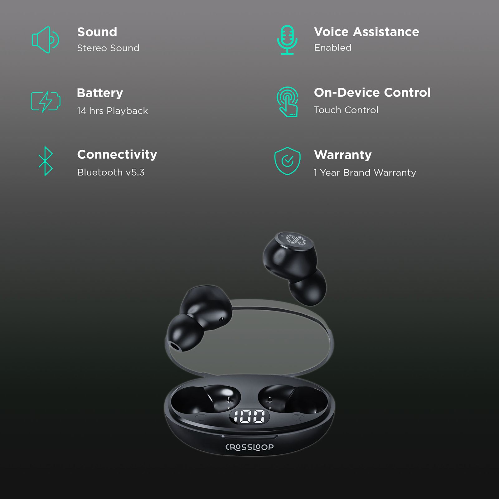 CROSSLOOP Krysta Podz TWS Earbuds (IPX4 Water Resistant, Auto Pairing, Black)_2