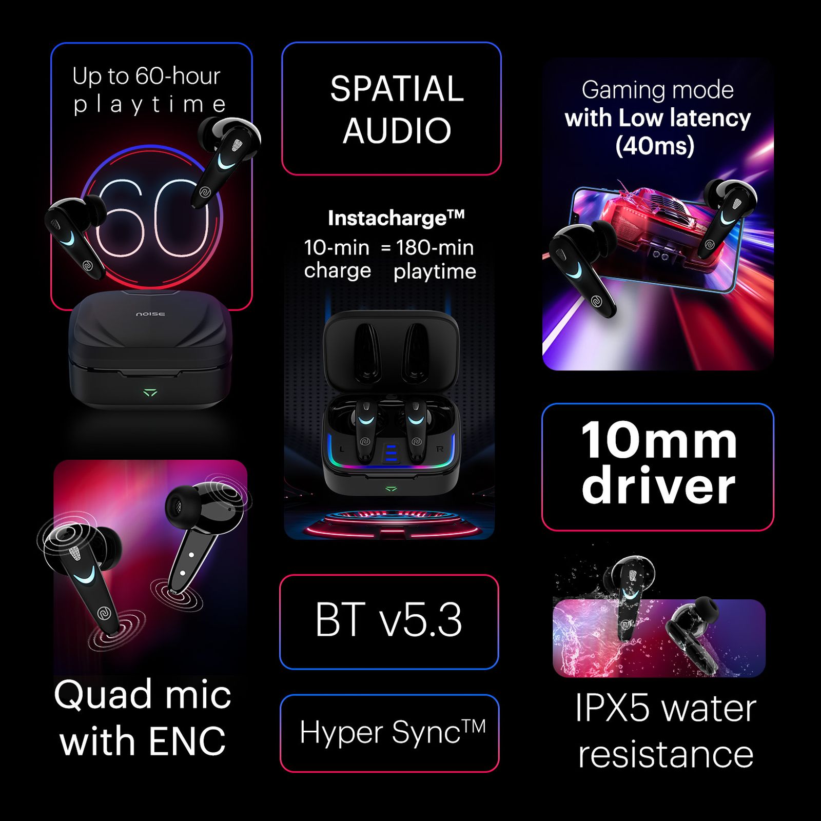noise Buds Combat X TWS Earbuds with Environmental Noise Cancellation (IPX5 Water Resistant, Instacharge, Stealth Black)_3