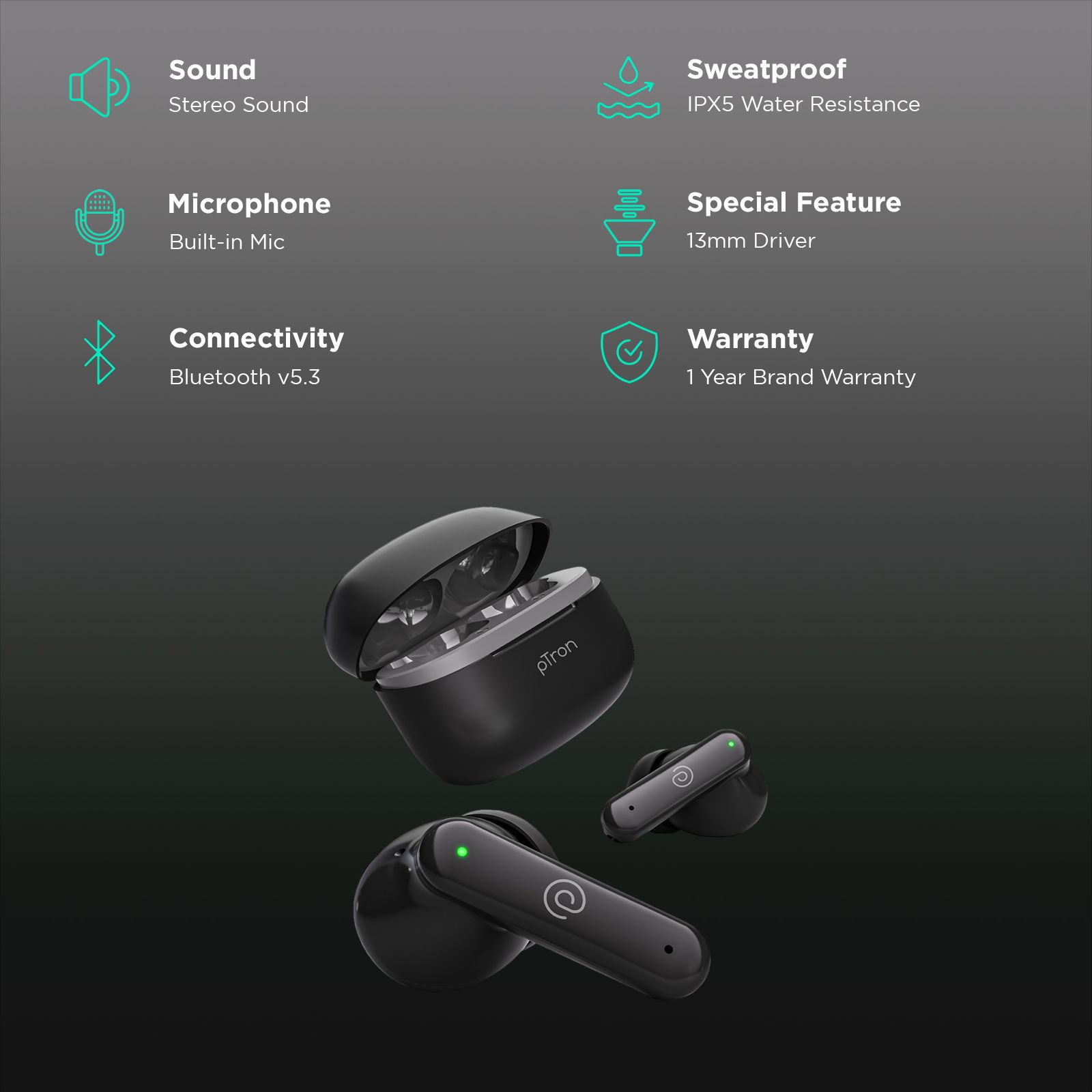 pTron Basspods Sync TWS Earbuds with Passive Noise Cancellation (IPX5 Water Resistant, Crystal Clear Stereo Call, Black)_2