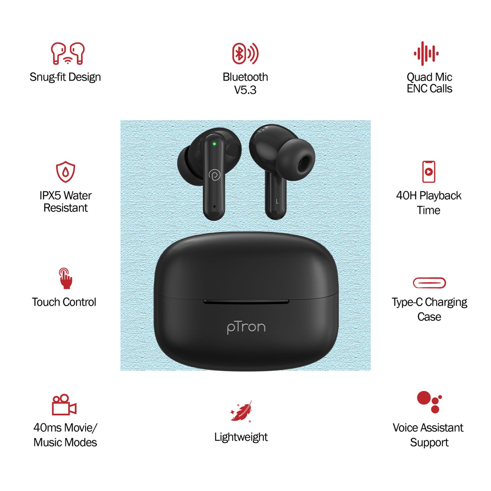 pTron Basspods Sync TWS Earbuds with Passive Noise Cancellation (IPX5 Water Resistant, Crystal Clear Stereo Call, Black)_4