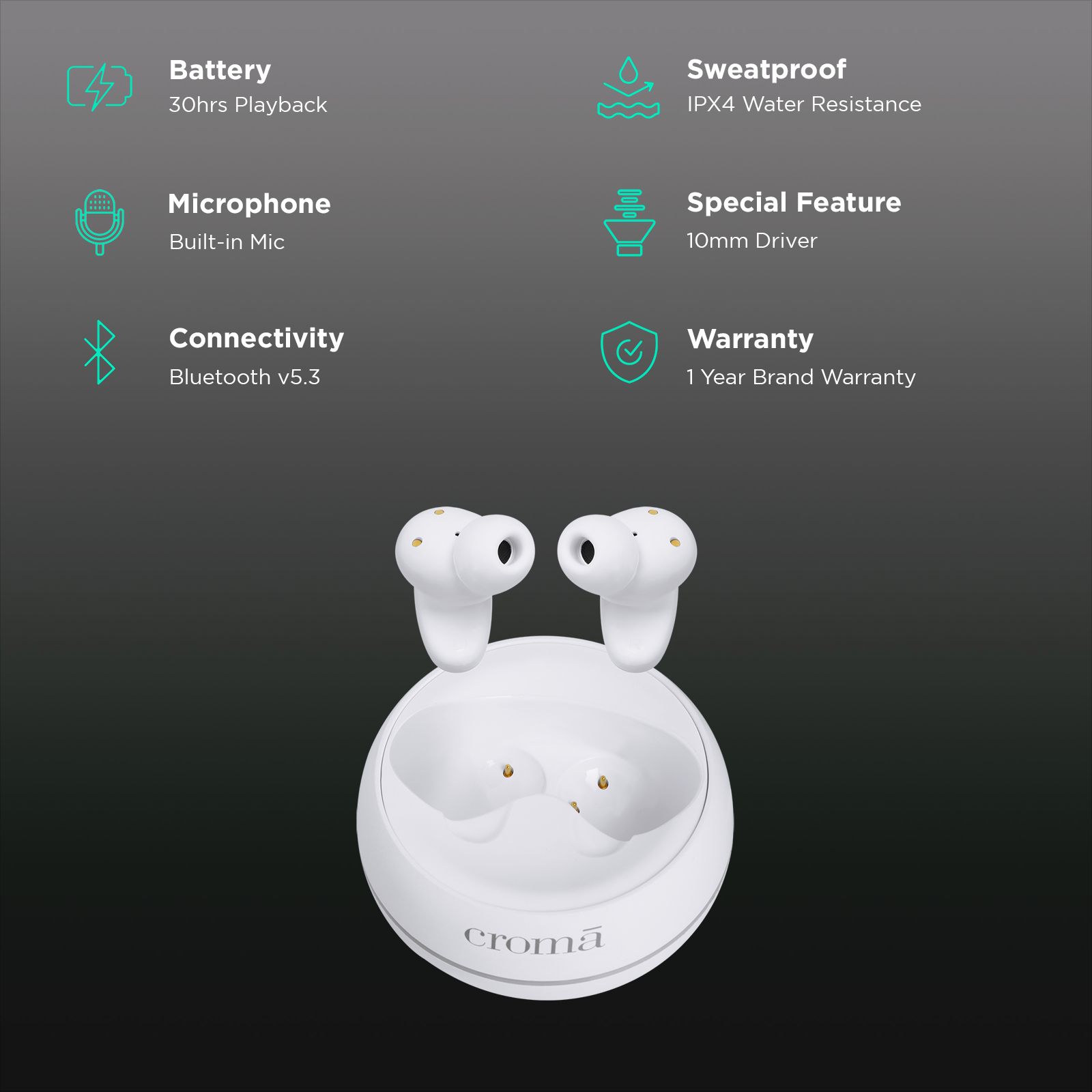 Croma CRSE030EPA301510 TWS Earbuds with Active Noise Cancellation (IPX4 Water & Sweat Resistant, 10mm Driver, White) Croma CRSE030EPA301510 TWS Earbuds with Active Noise Cancellation (IPX4 Water & Sweat Resistant, 10mm Driver, White)_2