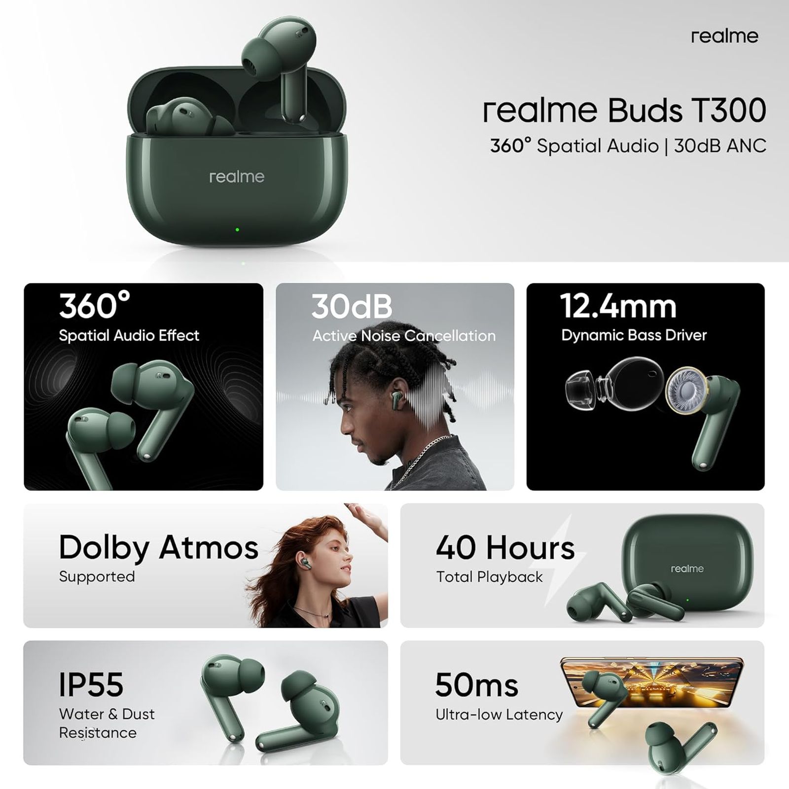 realme Buds T300 TWS Earbuds with Active Noise Cancellation (IP55 Dust & Water Resistant, 360 Degree Spatial Audio Effect, Dome Green)_7
