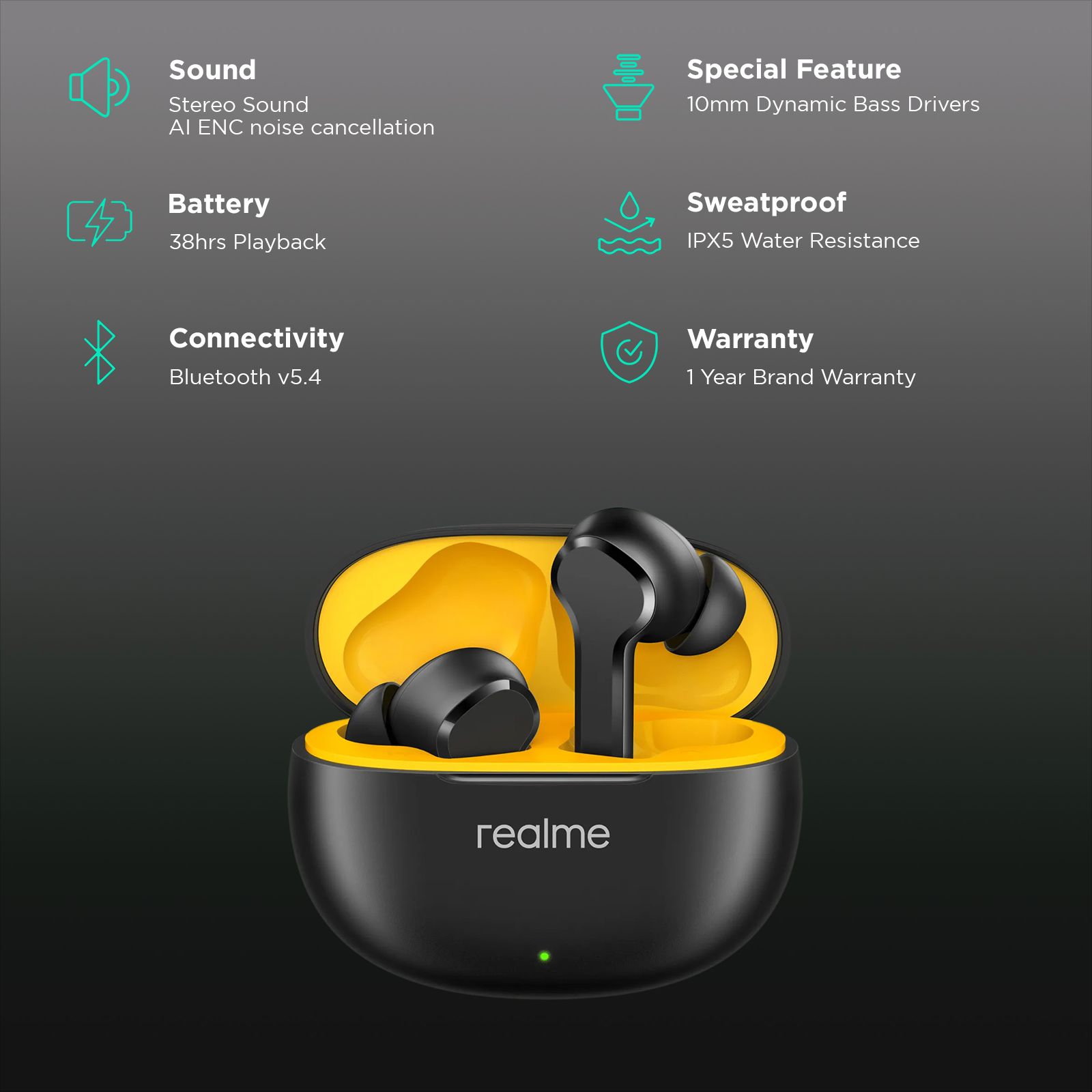 realme Buds T110 RMA2306 TWS Earbuds with AI ENC Noise Cancellation (IPX5 Water Resistant, 38 Hours Playback, Punk Black)_2