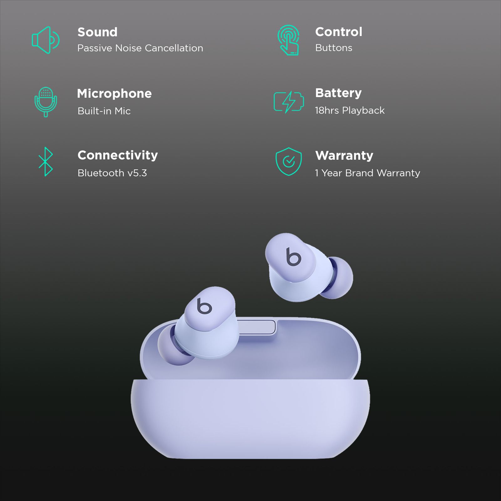 beats Solo TWS Earbuds with Passive Noise Isolation (18 Hours Playback, Arctic Purple)_2
