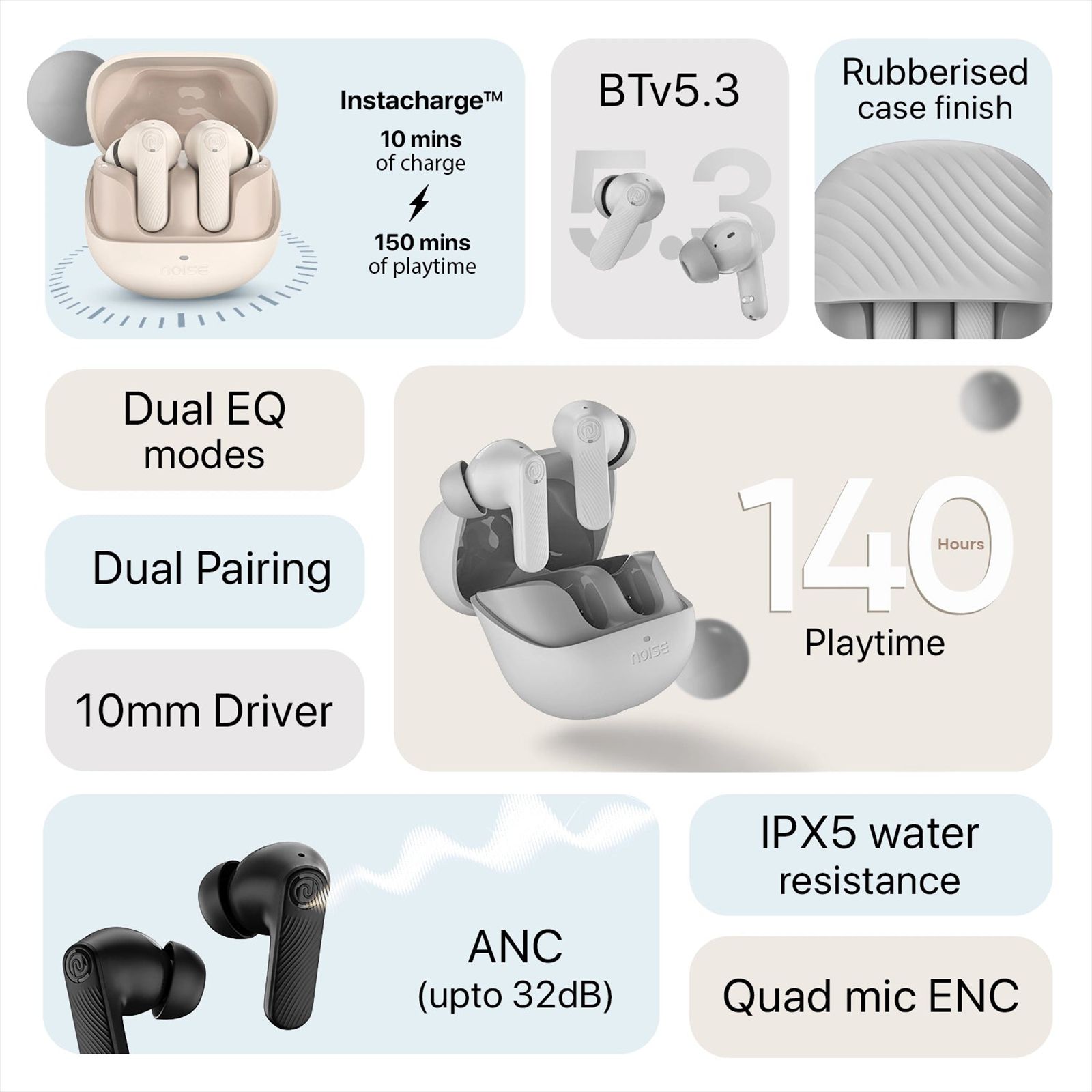 noise Buds X2 TWS Earbuds with Active Noise Cancellation (IPX5 Water Resistant, Instacharge, Dune Beige)_4