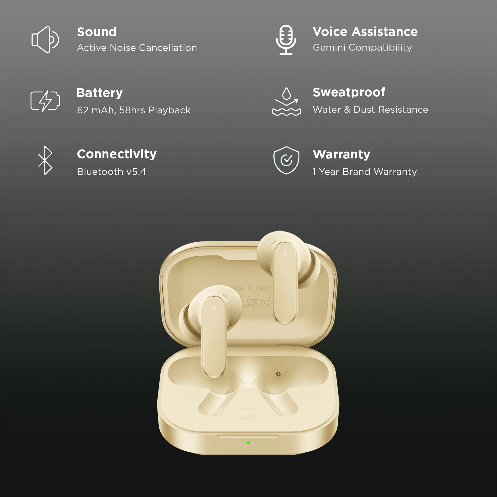 realme Buds Air8 RMA2503 TWS Earbuds with Active Noise Cancellation (IP55 Dust & Water Resistant, Premier Dual Drivers, Master Gold)_2