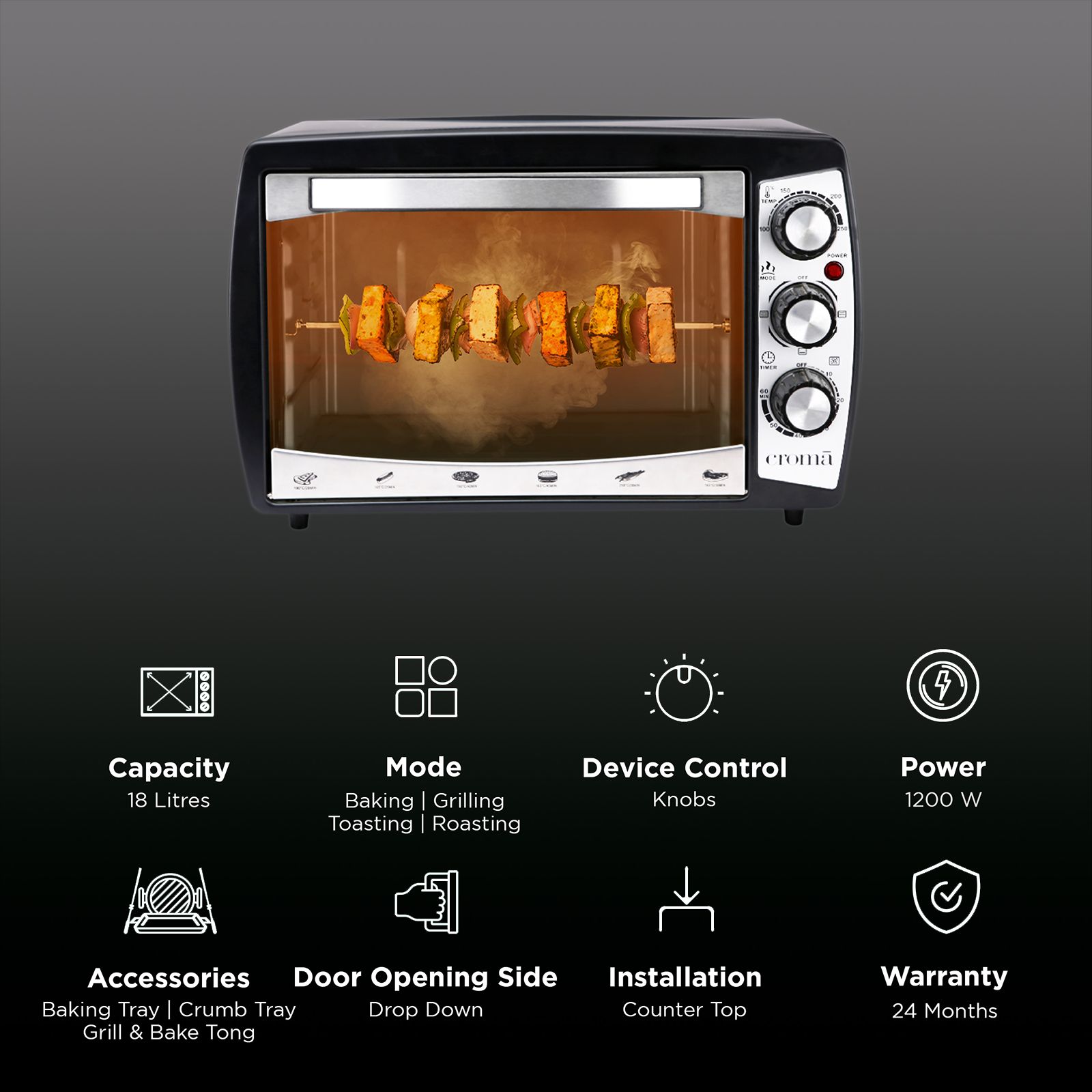 Croma 18L Oven Toaster Grill with Motorized Rotisserie (CRAO0061, Black & Silver) Croma 18L Oven Toaster Grill with Motorized Rotisserie (CRAO0061, Black & Silver)_2