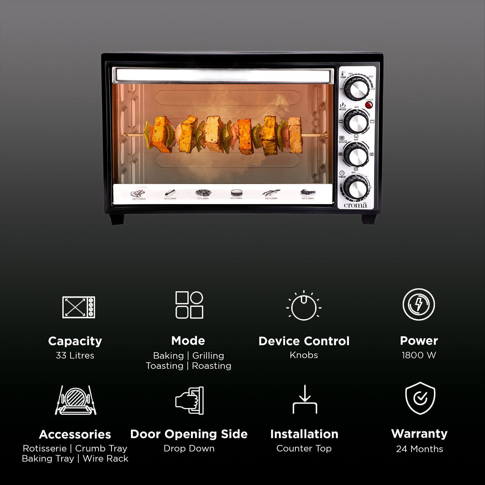 Croma 33L Oven Toaster Grill with Motorized Rotisserie (CRAO0062, Black & Silver) Croma 33L Oven Toaster Grill with Motorized Rotisserie (CRAO0062, Black & Silver)_2
