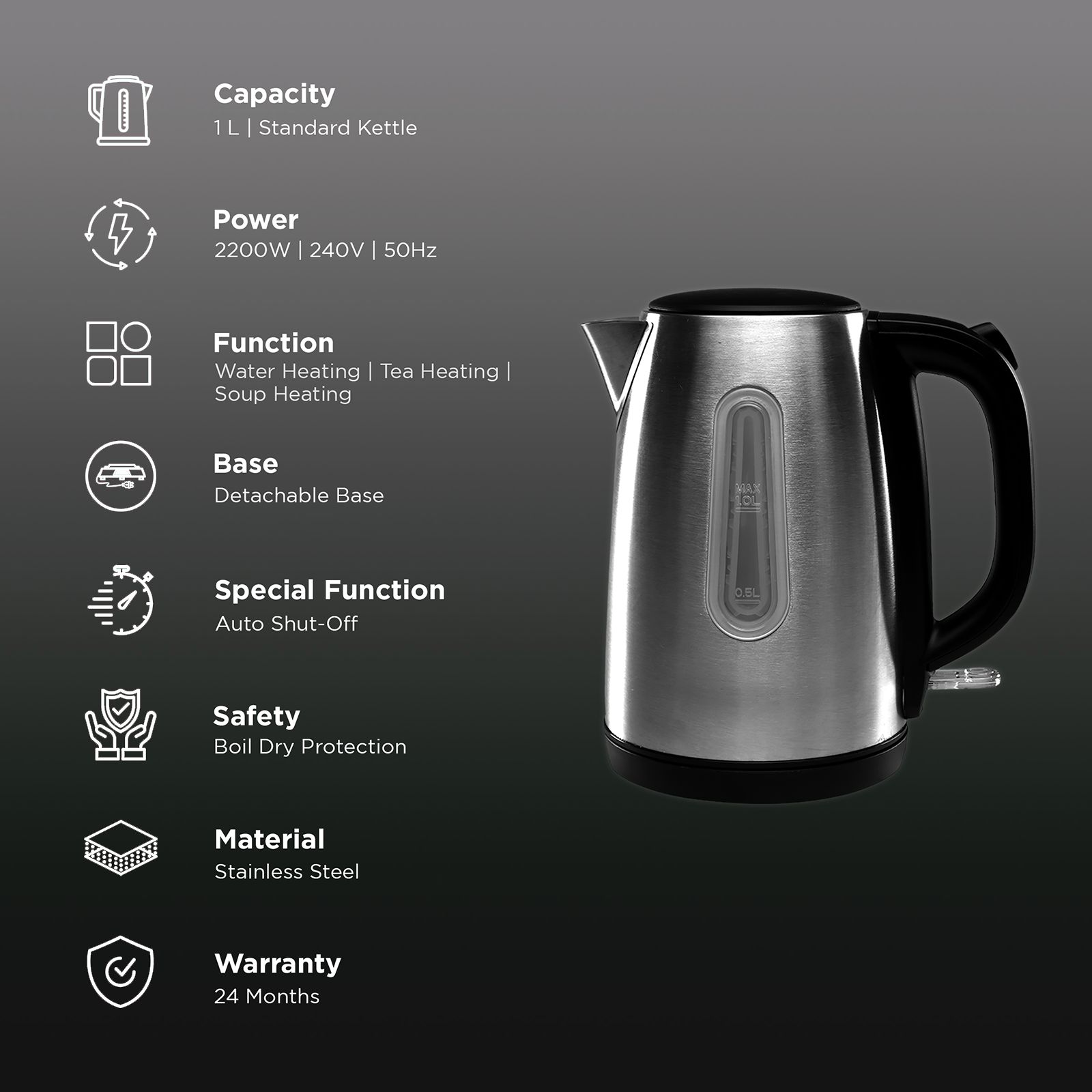 Croma 2200 Watt 1 Litre Electric Kettle with Auto Shut Off (Silver)_3