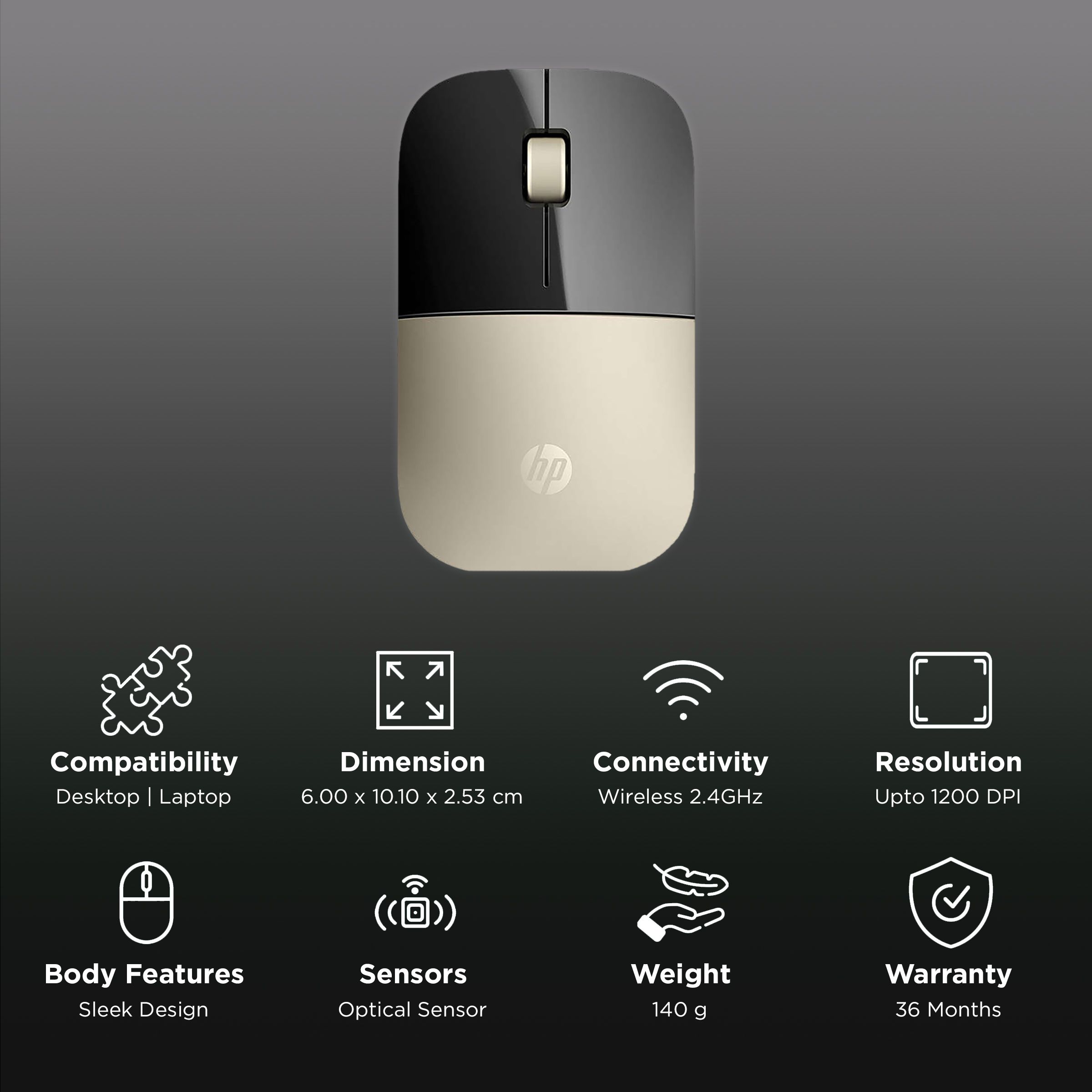 HP Z3700 Bluetooth & 2.4GHz Wireless Optical Mouse (1200 DPI, Sleek Design, Gold & Black)_2