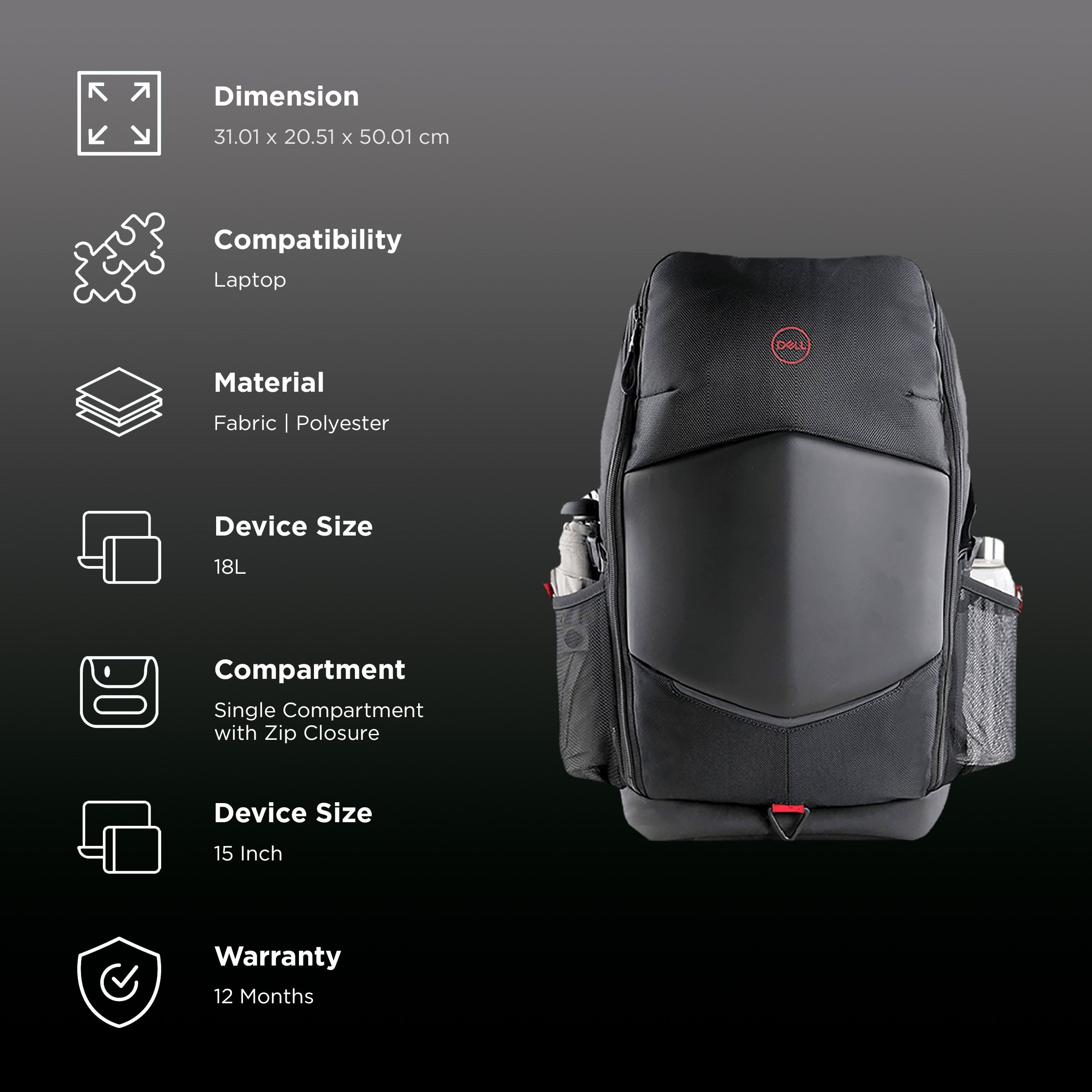 DELL Fabric, Polyester Laptop Backpack for 15 Inch Laptop (18 L, With Rain Cover, Black)_2