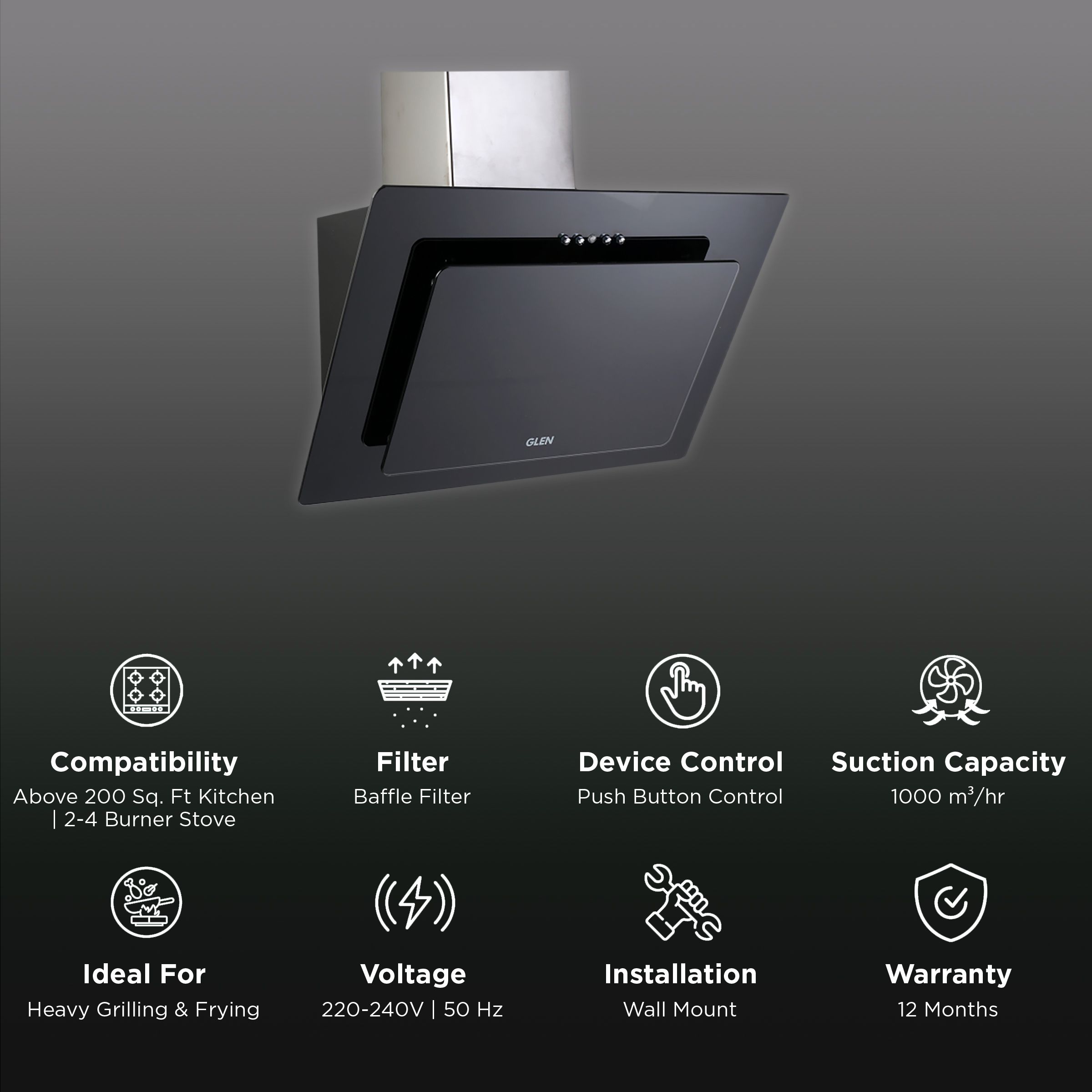 GLEN 6079 PB 60cm 1000m3/hr Ductless Wall Mounted Chimney with Push Button Control (Black)_3