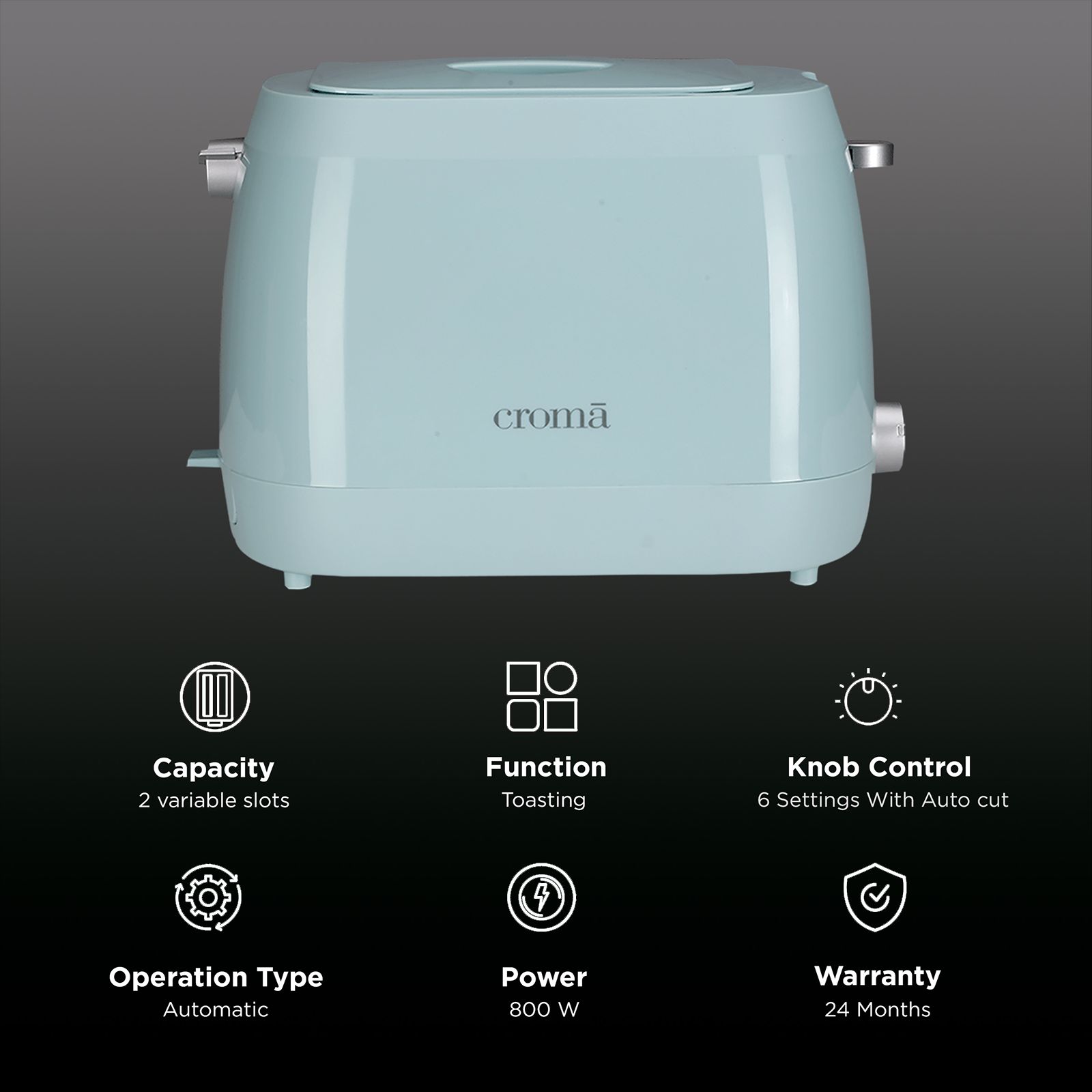 Croma 800W 2 Slice Pop-Up Toaster with Removable Crumb Tray (Green)_3