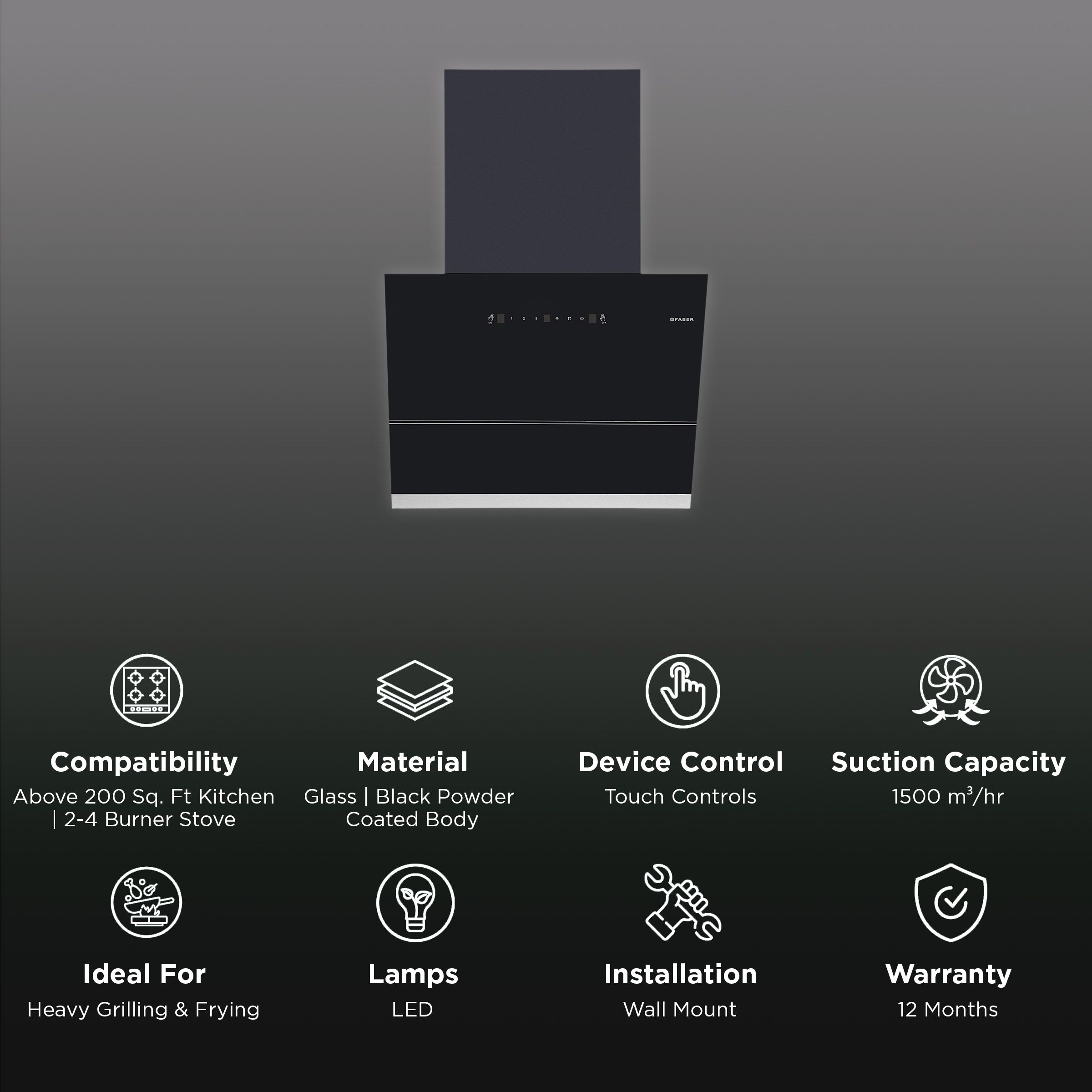 FABER APEX FLHC SC BK 60cm 1500m3/hr Ducted Auto Clean Wall Mounted Chimney with Touch Control Panel (Black) FABER APEX FLHC SC BK 60cm 1500m3/hr Ducted Auto Clean Wall Mounted Chimney with Touch Control Panel (Black)_3