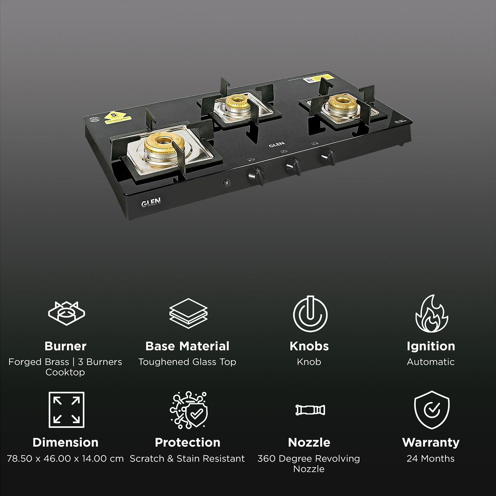 Glen 1038 SQ BL FB AI Toughened Glass Top 3 Burner Automatic Gas Stove (Scratch & Stain Resistant, Black)_3