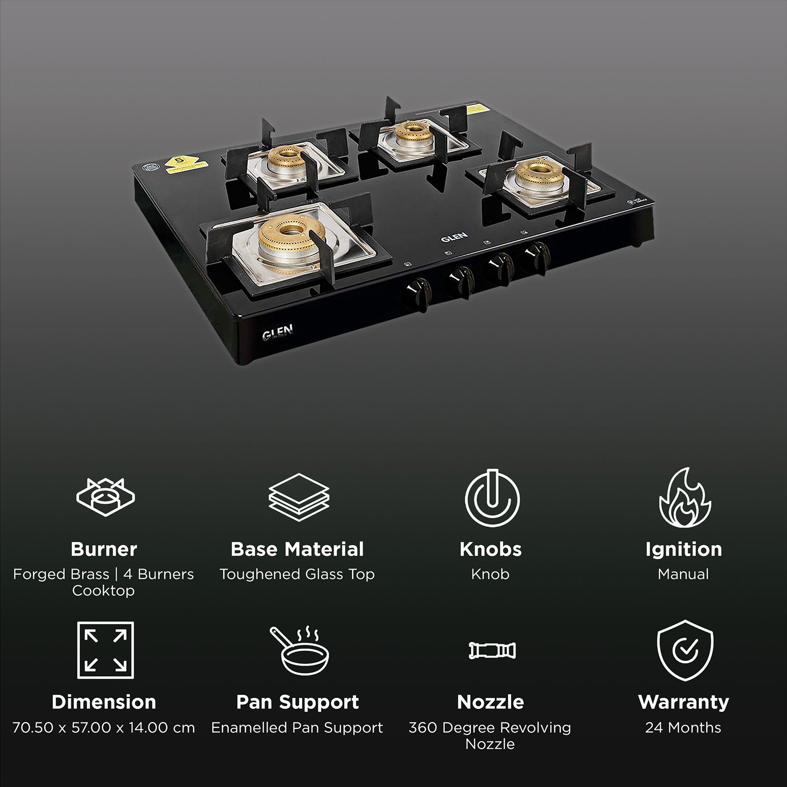 Glen 1048 GT SQ BL FB Toughened Glass Top 4 Burner Manual Gas Stove (360 Degree Revolving Nozzle, Black) Glen 1048 GT SQ BL FB Toughened Glass Top 4 Burner Manual Gas Stove (360 Degree Revolving Nozzle, Black)_3
