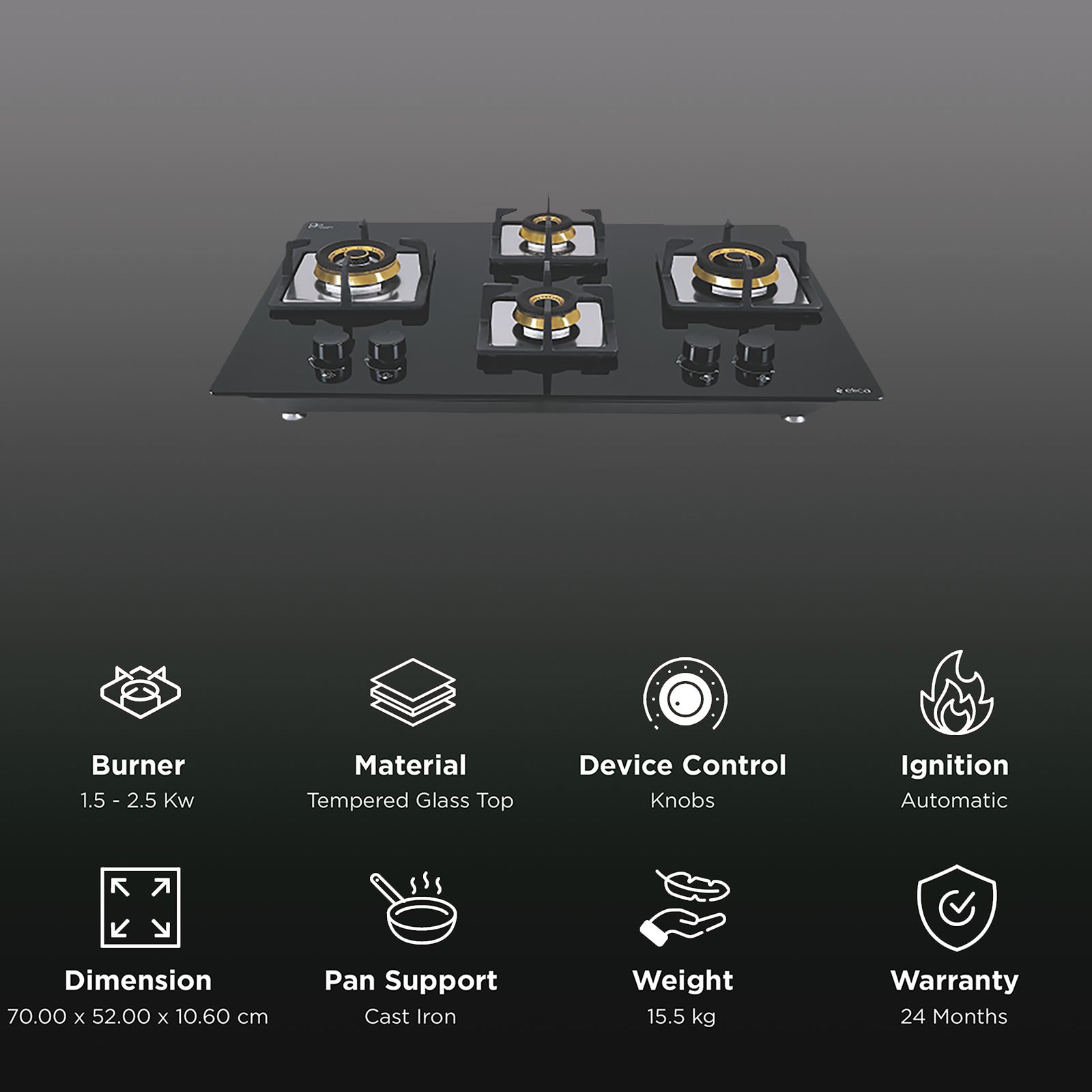Elica FLEXI FB HCT 470 DX Tempered Glass Top 4 Burner Automatic Hob (Cast Iron Grid, Black) Elica FLEXI FB HCT 470 DX Tempered Glass Top 4 Burner Automatic Hob (Cast Iron Grid, Black)_3