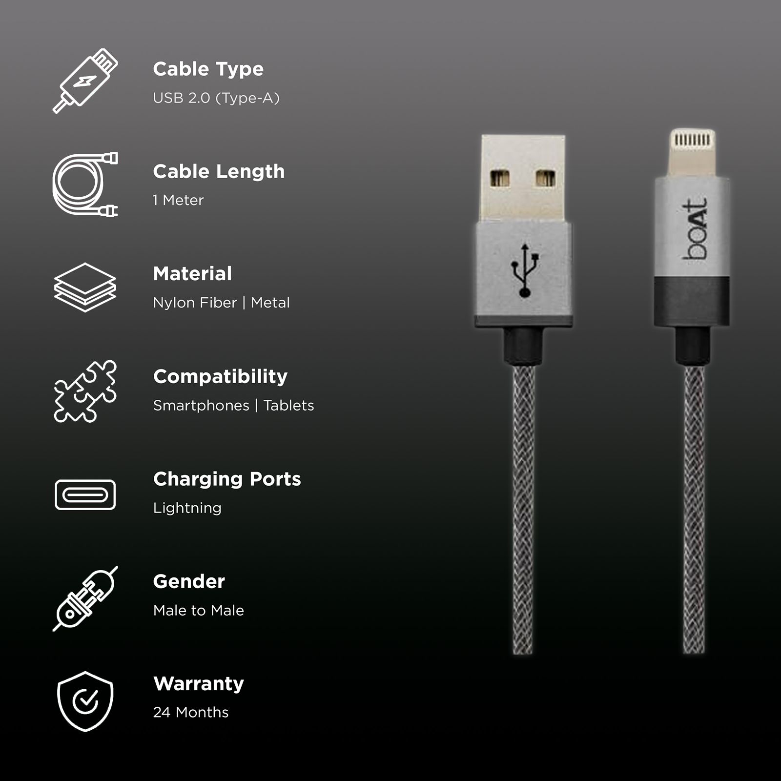 boAt LTG 500 Type A to Lightning 3.3 Feet (1M) Cable (MFi Certified, Space Grey) boAt LTG 500 Type A to Lightning 3.3 Feet (1M) Cable (MFi Certified, Space Grey)_2