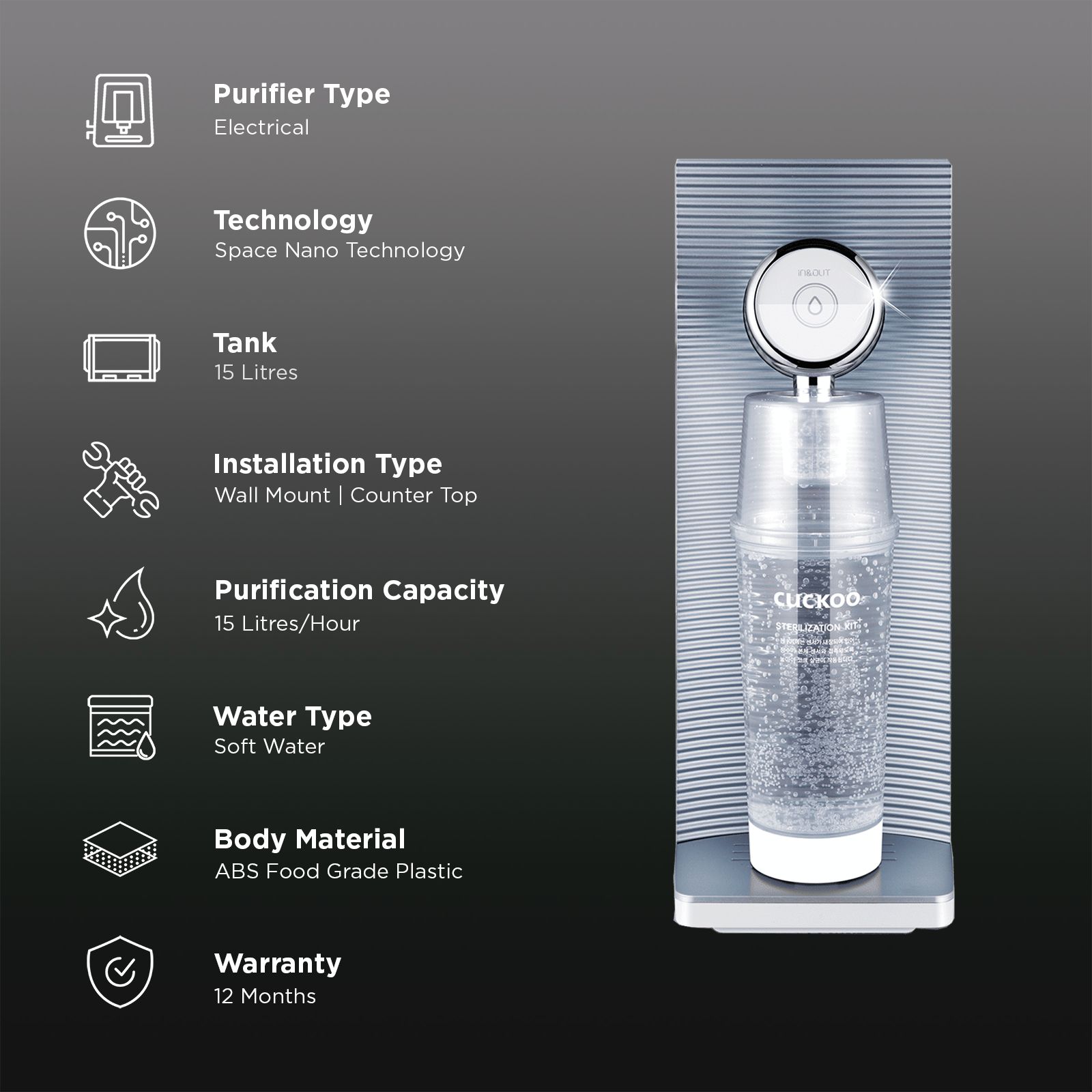 Cuckoo Drink Pure Gravity Electrical Water Purifier (Advanced Nano Filtration, CP-MN011B/PICKIN, Silver) Cuckoo Drink Pure Gravity Electrical Water Purifier (Advanced Nano Filtration, CP-MN011B/PICKIN, Silver)_3