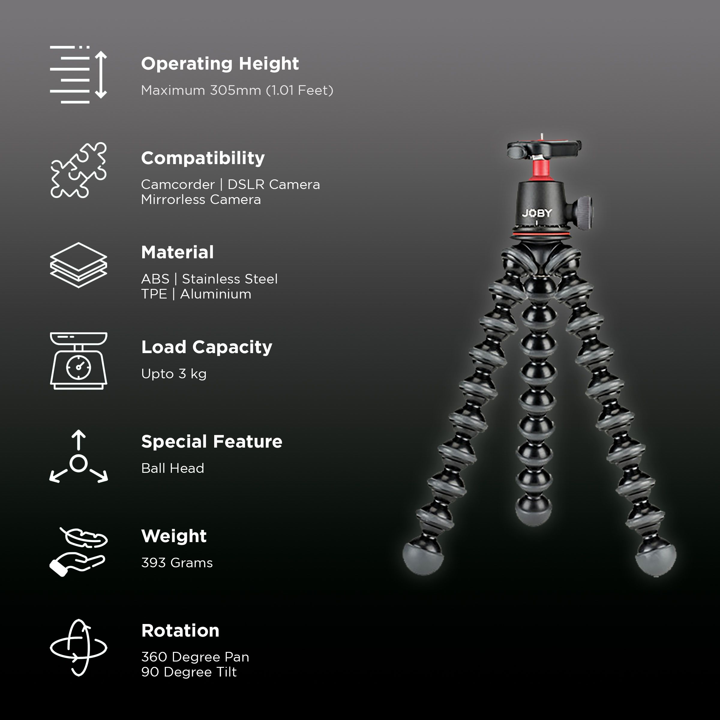 JOBY JB01507-BWW 30.5cm Adjustable Tripod for Camera (Ball Head, Black) JOBY JB01507-BWW 30.5cm Adjustable Tripod for Camera (Ball Head, Black)_2