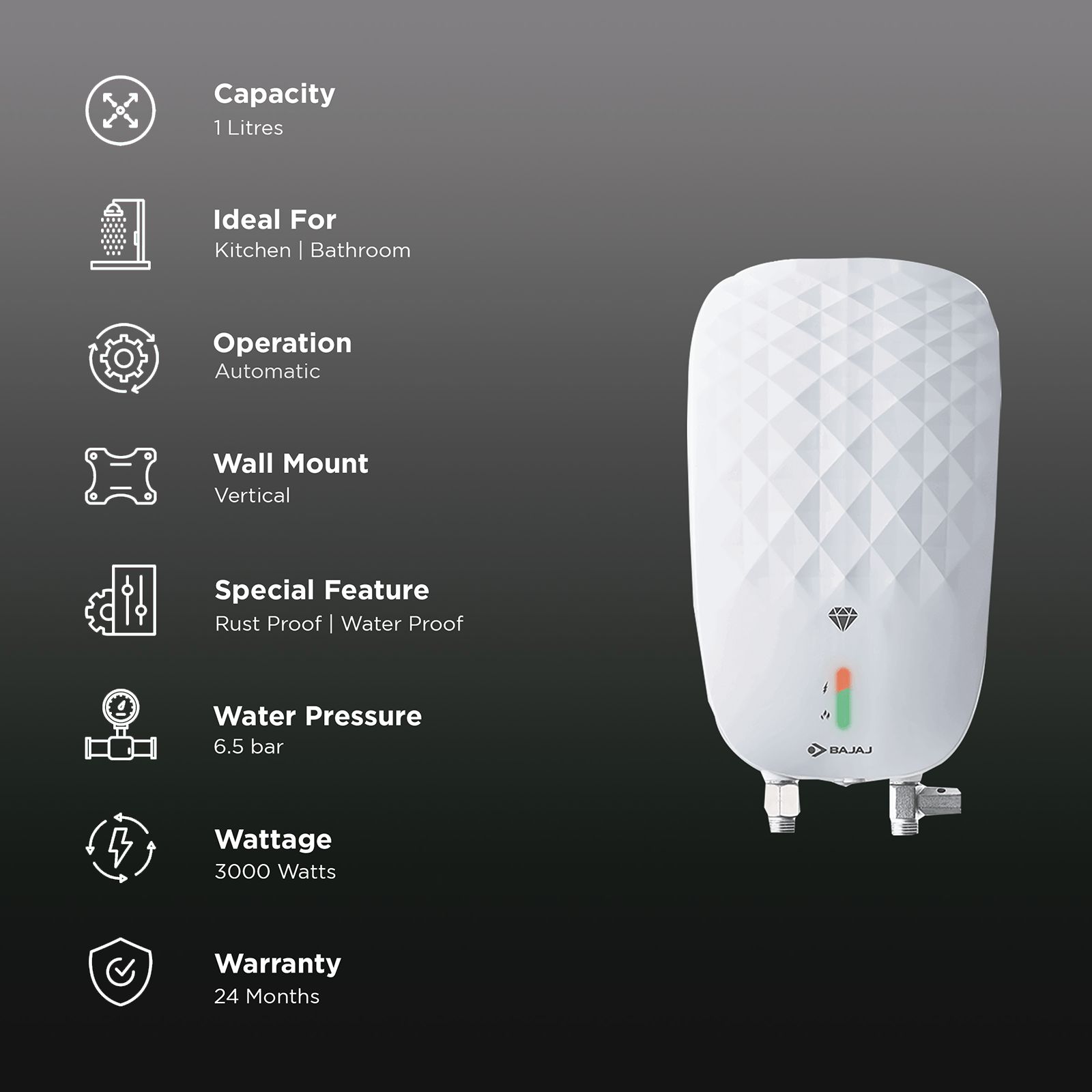 BAJAJ Juvel 1 Litre Vertical Instant Geyser with Multiple Safety Systems (White) BAJAJ Juvel 1 Litre Vertical Instant Geyser with Multiple Safety Systems (White)_3