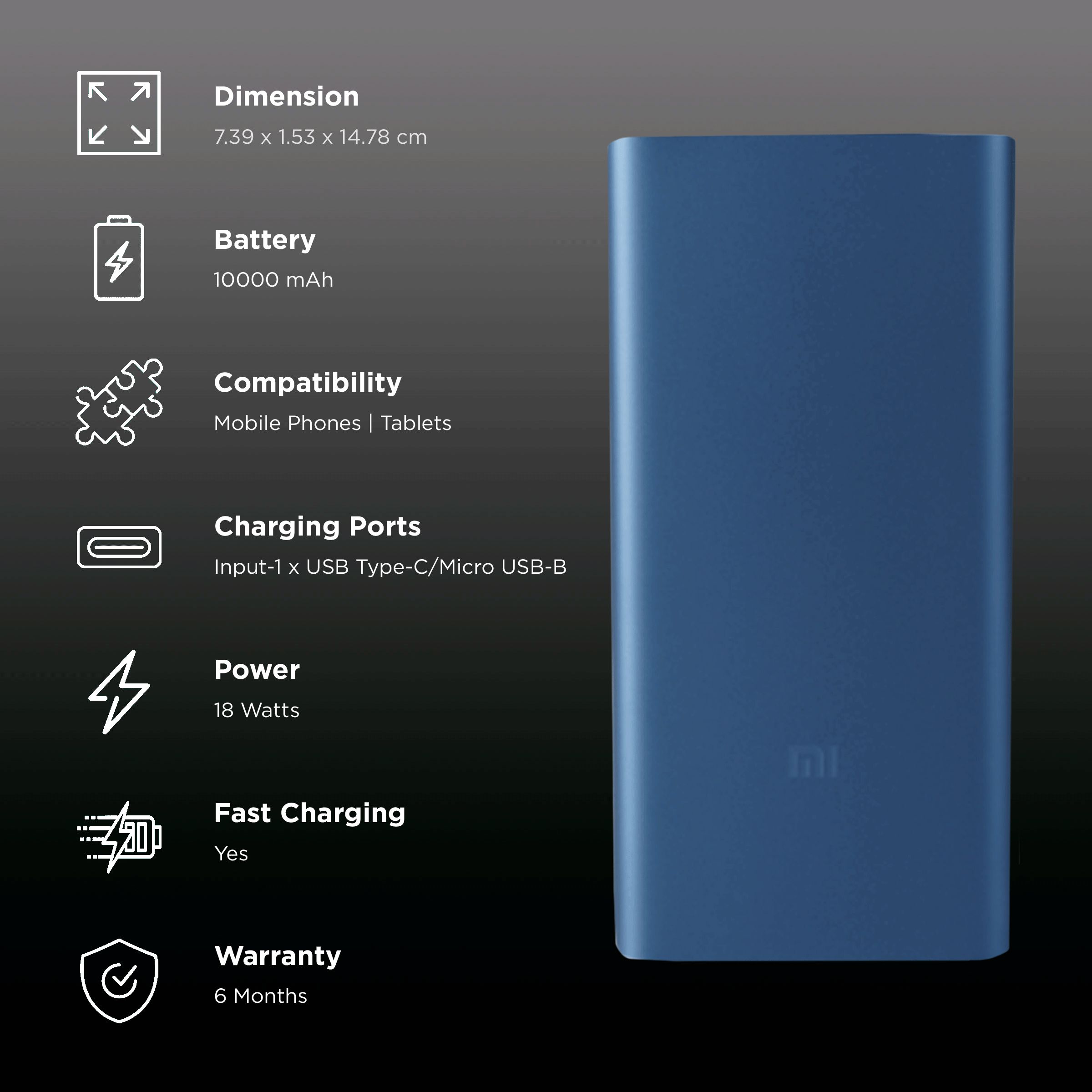 Mi 3i 10000 mAh 18W Fast Charging Power Bank (1 Micro USB Type B, 1 Type C & 2 Type A Ports, Aluminium Casing, Two Way Fast Charging, Blue) Mi 3i 10000 mAh 18W Fast Charging Power Bank (1 Micro USB Type B, 1 Type C & 2 Type A Ports, Aluminium Casing, Two Way Fast Charging, Blue)_3