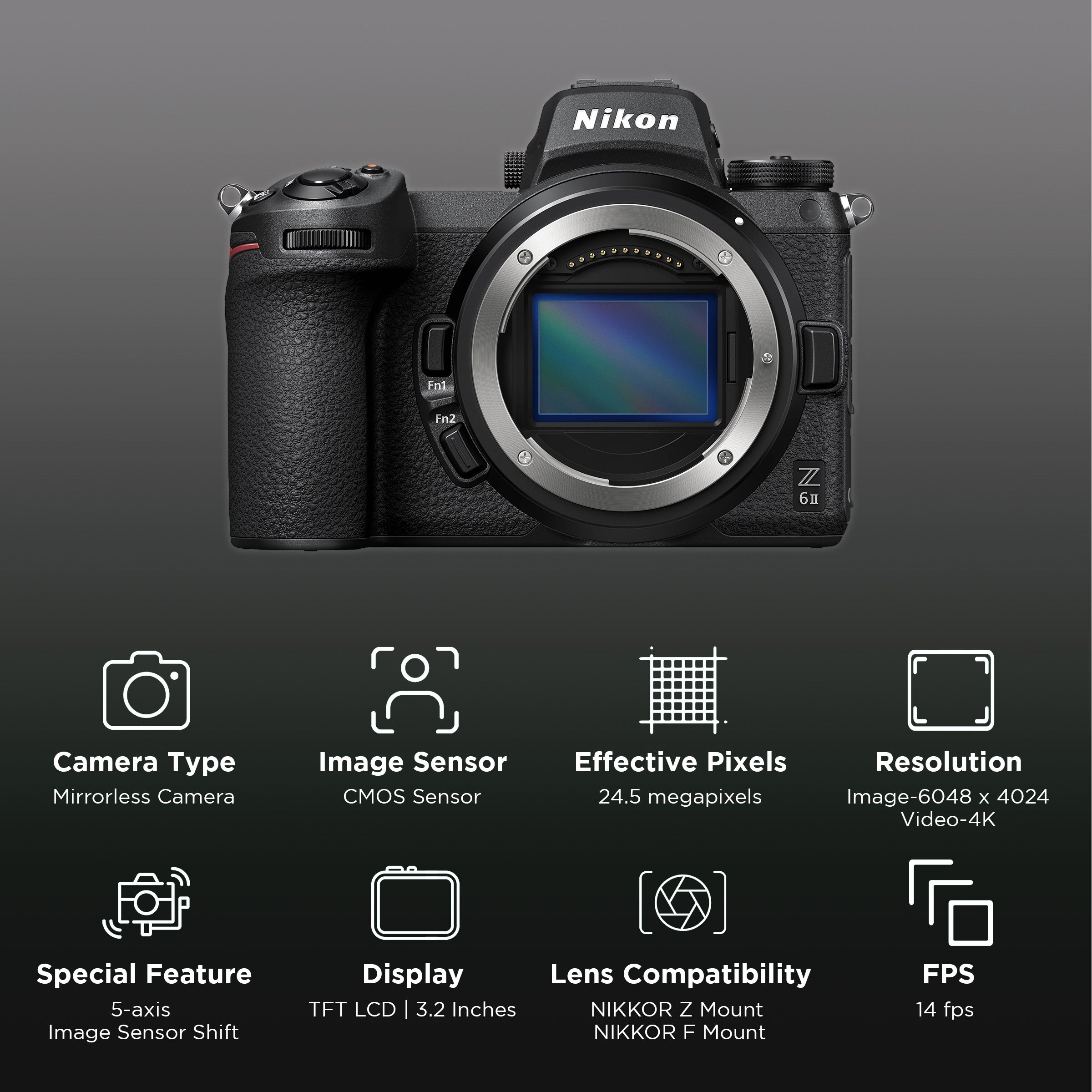 Nikon Z 6II 24.5MP Mirrorless Camera (Body Only, 35.9 x 23.9 mm Sensor, Tilting TFT Touch-Sensitive LCD) Nikon Z 6II 24.5MP Mirrorless Camera (Body Only, 35.9 x 23.9 mm Sensor, Tilting TFT Touch-Sensitive LCD)_2