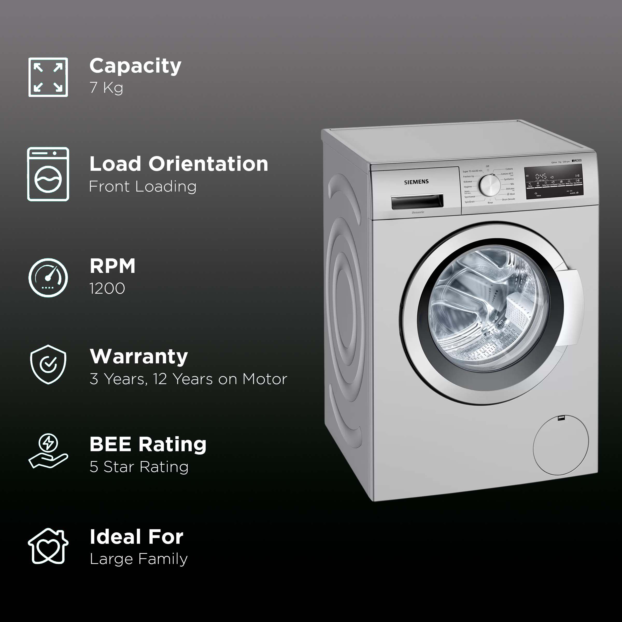 SIEMENS 7 kg 5 Star Fully Automatic Front Load Washing Machine (iQ300, WM12J26SIN, Wave Drum, Silver)_2
