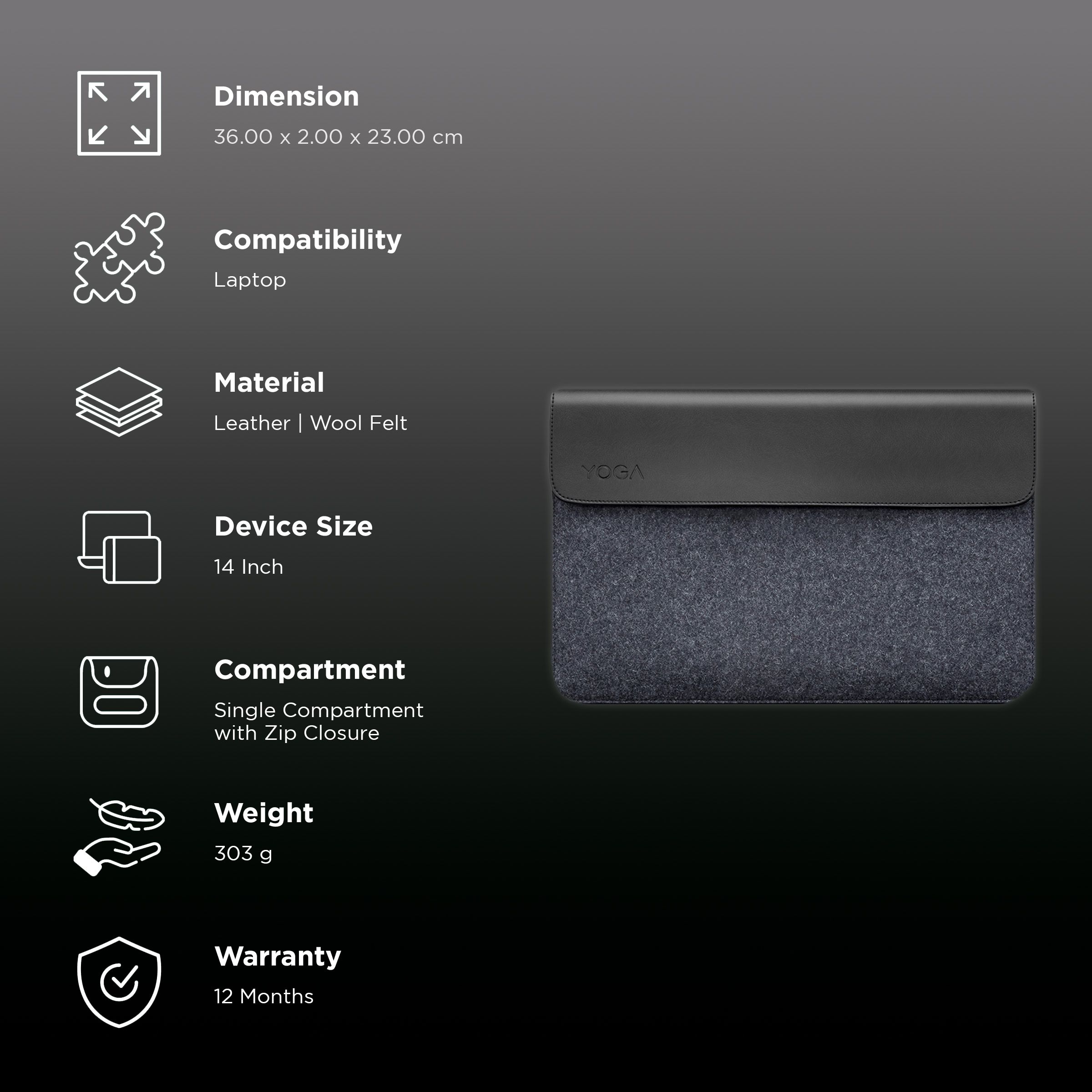 Lenovo Yoga Leather, Wool Felt Laptop Sleeve for 14 Inch Laptop (Dual Magnet Buckles, Black)_3